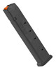 The PMAG 27 GL9 is a 27-round Glock 9mm handgun magazine featuring our proprietary all-polymer construction for flawless reliability and durability over thousands of rounds. Meeting the overall length requirements for a 170MM competition magazine, the PMAG 27 GL9 offers additional capacity without the need for expensive extensions. Includes a high visibility, controlled-tilt follower, a stainless steel spring, and an easily removable floorplate for cleaning. Also includes a paint pen dot matrix for magazine marking, ridged floorplate edges for better grip, and capacity indicator windows. Drops free when loaded or unloaded. The PMAG 27 GL9 is compatible with all full-size, compact, and sub-compact double-stack Glock 9mm variants with some protrusion below the grip.