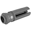 The advanced SureFire SF3P-556-1/2-28 three-prong flash hider, which fits M4/M16 weapons and variants with 1/2x28 muzzle threads, features a patent-pending design that greatly reduces muzzle flash-typically greater than 99%-when compared with a plain muzzle. Boasting robust tines built to withstand the rigors of combat, the SF3P-556-1/2-28 also serves as a rock-solid mounting adapter for SureFire SOCOM Series 5.56 mm Fast-Attach(R) suppressors, the SOCOM556-RC model having placed first in the most extensive and rigorous suppressor testing ever conducted by US Special Operations Command. Precision machined from US mill-certified heat-treated stainless steel bar stock-and including high-precision single-point cut threads for optimum thread interface-the SF3P-556-1/2-28 flash hider is given a black Ionbond DLC coating to provide maximum protection under harsh environmental conditions and to facilitate cleaning, even after extreme use. When used in conjunction with a SureFire SOCOM Series suppressor, the patent-pending design of the SF3P-556-1/2-28 provides multiple bearing surfaces to ensure superior suppressor alignment and to prevent the audible ringing of tines inside the suppressor. A rear labyrinth seal minimizes potential carbon buildup in the indexing system and facilitates suppressor removal after extended firing. SureFire flash hiders are individually inspected for concentricity and alignment and are covered by SureFire's No-Hassle Guarantee.