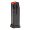 The 15-round SLIMLINE magazine has a metal, double stack design. The design of the 15-round SLIMLINE magazine includes a radius in the magazine catch recess that allows customers to maintain the standard magazine catch.