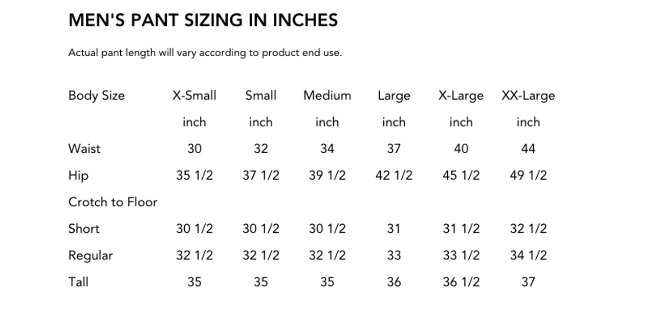 Men's Pants Size Chart - Alpha - The Normal Brand
