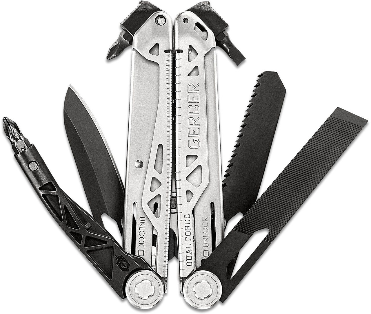 Gerber Dual-Force Multi-Tool 4.65 Closed, Silver and Black Steel Handles,  Fabric Sheath - KnifeCenter - 30-001721