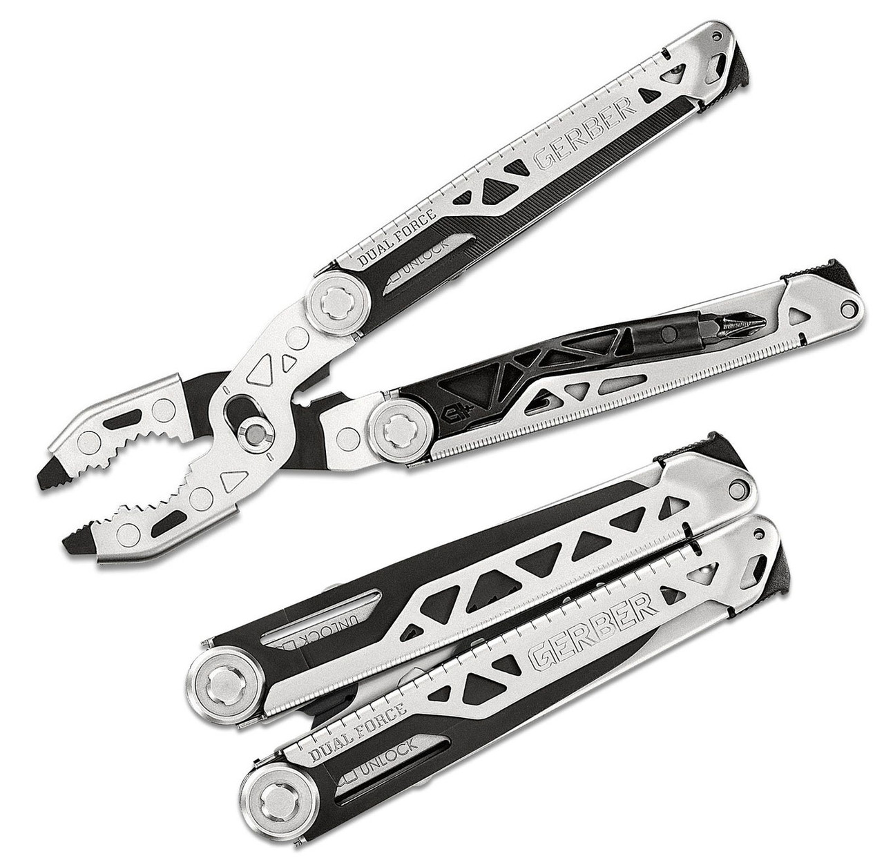 Gerber Dual-Force Multi-Tool 4.65 Closed, Silver and Black Steel Handles,  Fabric Sheath - KnifeCenter - 30-001721