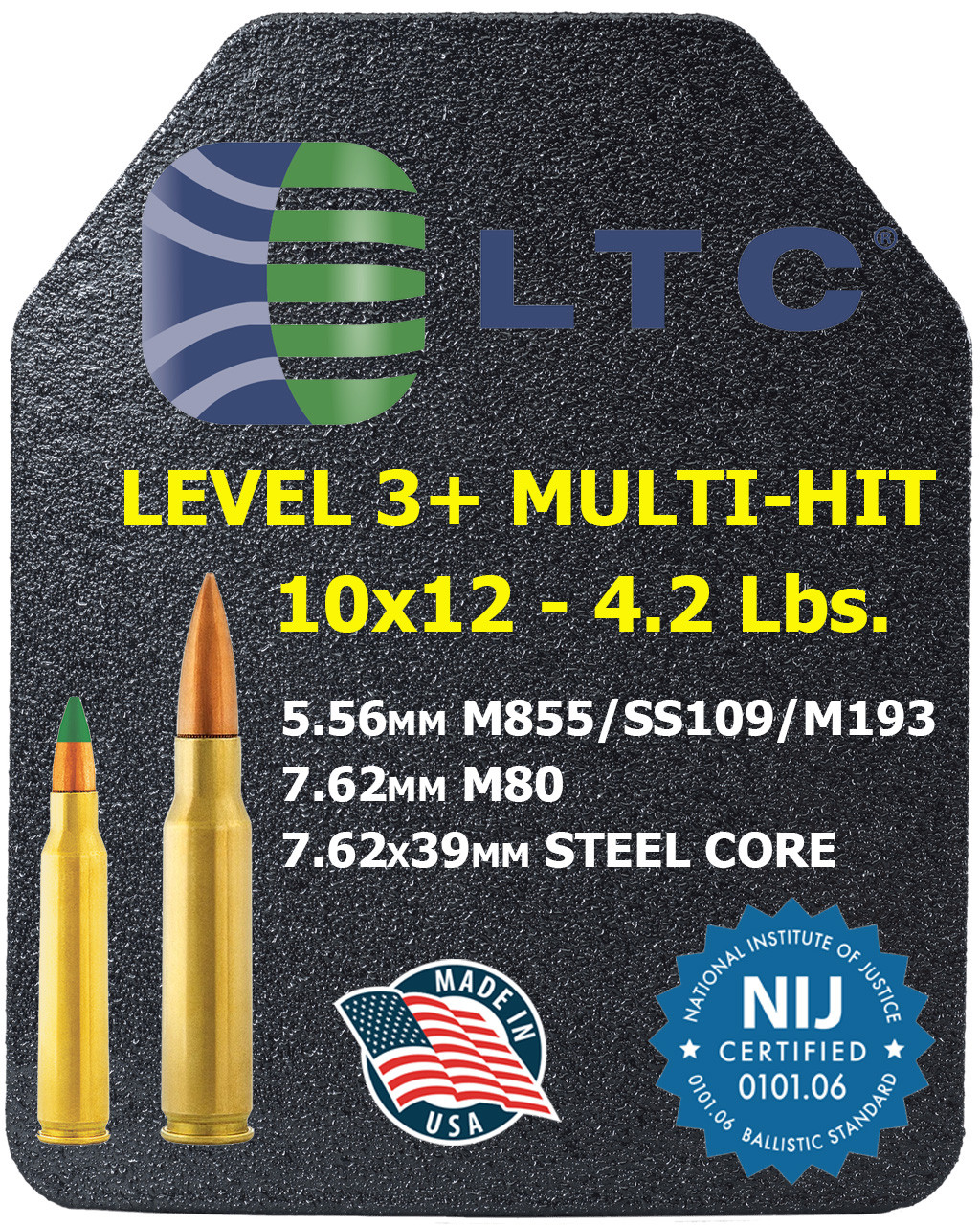 LTC Level 3 M855 5.56mm Rated 10x12 Armor Plates SAPI Cut Multi