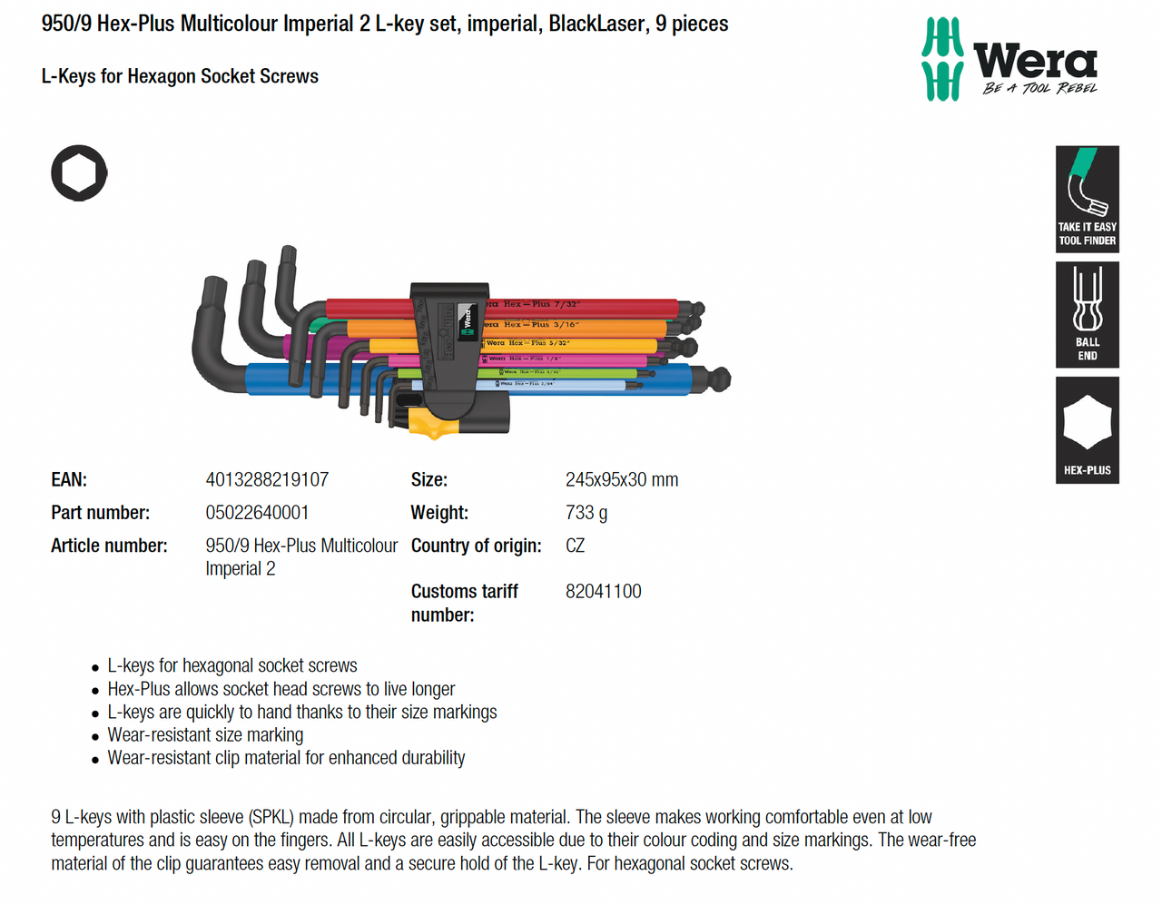 Wera Hex-Plus Multi Colour Ball-End Hex Allen Key Metric / Imperial -Choose  Size