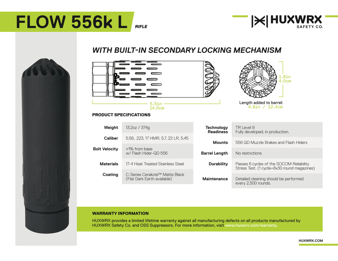 HUXWRX Flow 556K L ( Locking Collar ) 5.56mm Suppressor w