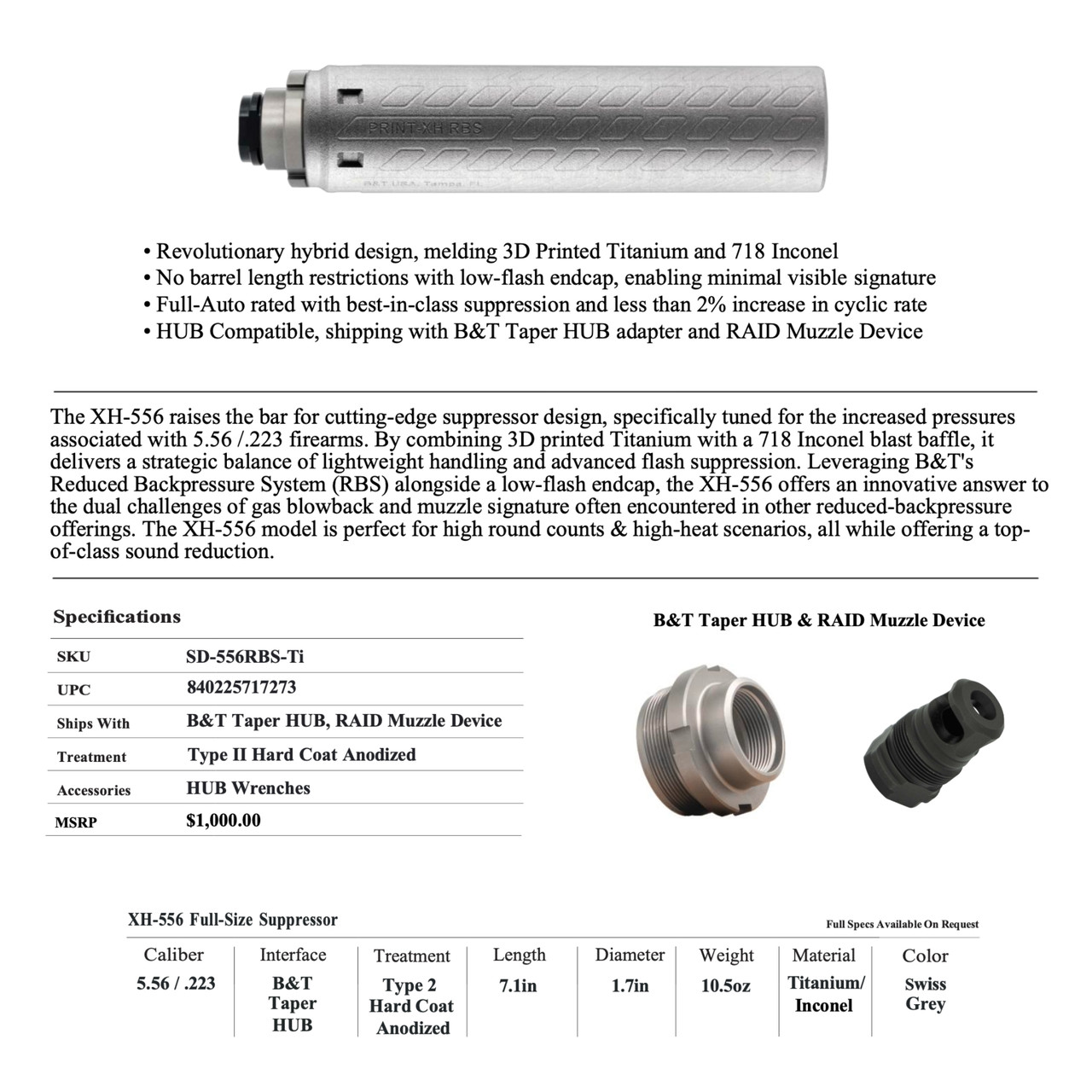 B&T XH-556 RBS Titanium Suppressor w/ Muzzle Brake