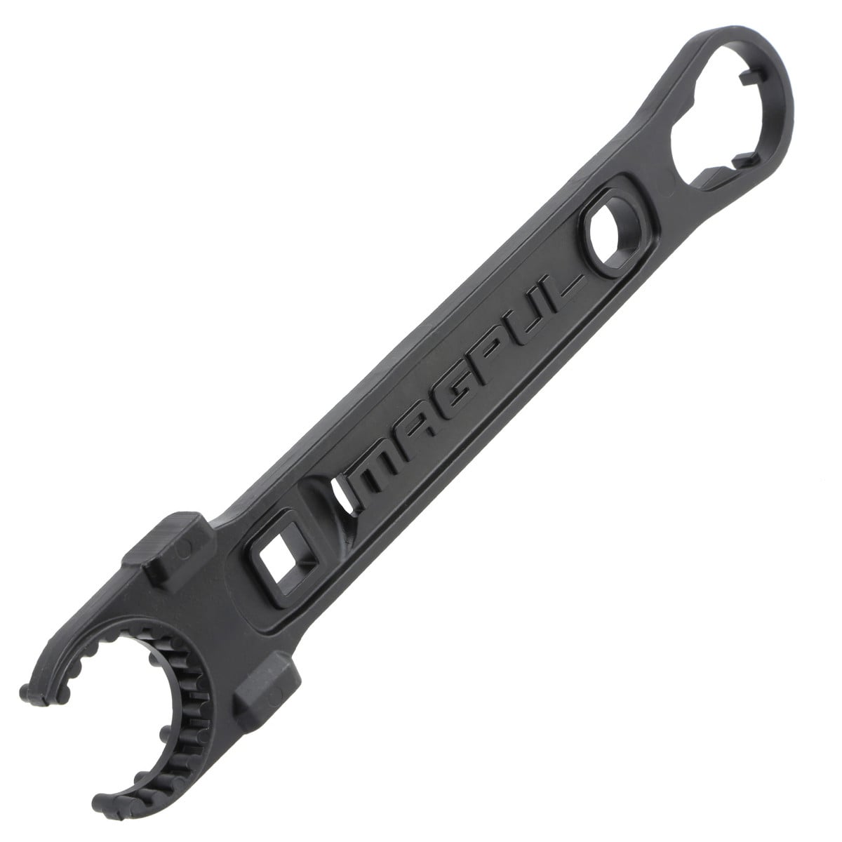 American-made, solid steel construction with grip-enhancing phosphate finish engages both stock and pin-style barrel nuts. Fits standard sized flash hiders. Installs and removes rifle receiver extensions and carbine castle nuts, with extended teeth for use with ASAP plates. Two hammer faces. Works with 1/2" torque wrench, relevant torque specifications included on Wrench for quick reference. Convenient Bottle Opener for refreshments after the build is complete (fits both Metric and SAE bottle caps.)