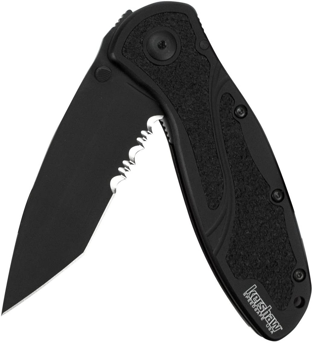 The Tanto Blur offers all the great grip advantages of the other Blurs on the force, but this one offers tactical styling with a modified tanto blade with partial serration.

With its angled shape, the tanto blade provides additional piercing power to penetrate tough materials. The unique shape puts more steel behind the point to support its piercing tasks. We’ve also found that the short front edge is particularly handy for opening boxes. For razor sharpness, Kershaw hollow grinds the edge. Then for additional versatility, Kershaw added partial serration to the blade, giving you a great tool for cutting through materials such as webbing or rope.

All this makes the Tanto Blur a good choice for situations in which you’re going to need to make an impact on your environment. In an emergency, could be a real lifesaver. The Tanto Blur’s blade is built of high-performance Sandvik 14C28N stainless blade steel for corrosion resistance and hardness. The black DLC (Diamond-Like Carbon) coating provides additional extra corrosion resistance and is non-reflective. Black anodized aluminum handles of durable 6061-T6 aircraft aluminum with sure-grip Trac-Tec inserts complete the Tanto Blur’s discrete, matte look.