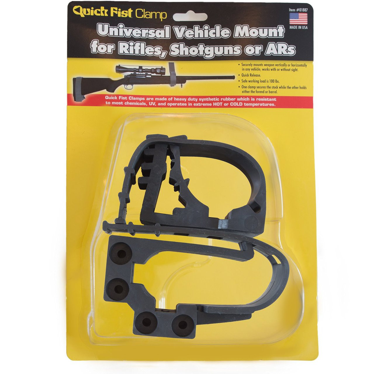 Universal Vehicle Mount for Rifles, Shotguns or ARs

Securely mounts weapon vertically or horizontally in any vehicle.

Works with or without sight.

Quick Release

One clamp secures the stock while the other holds either the forend or barrel.