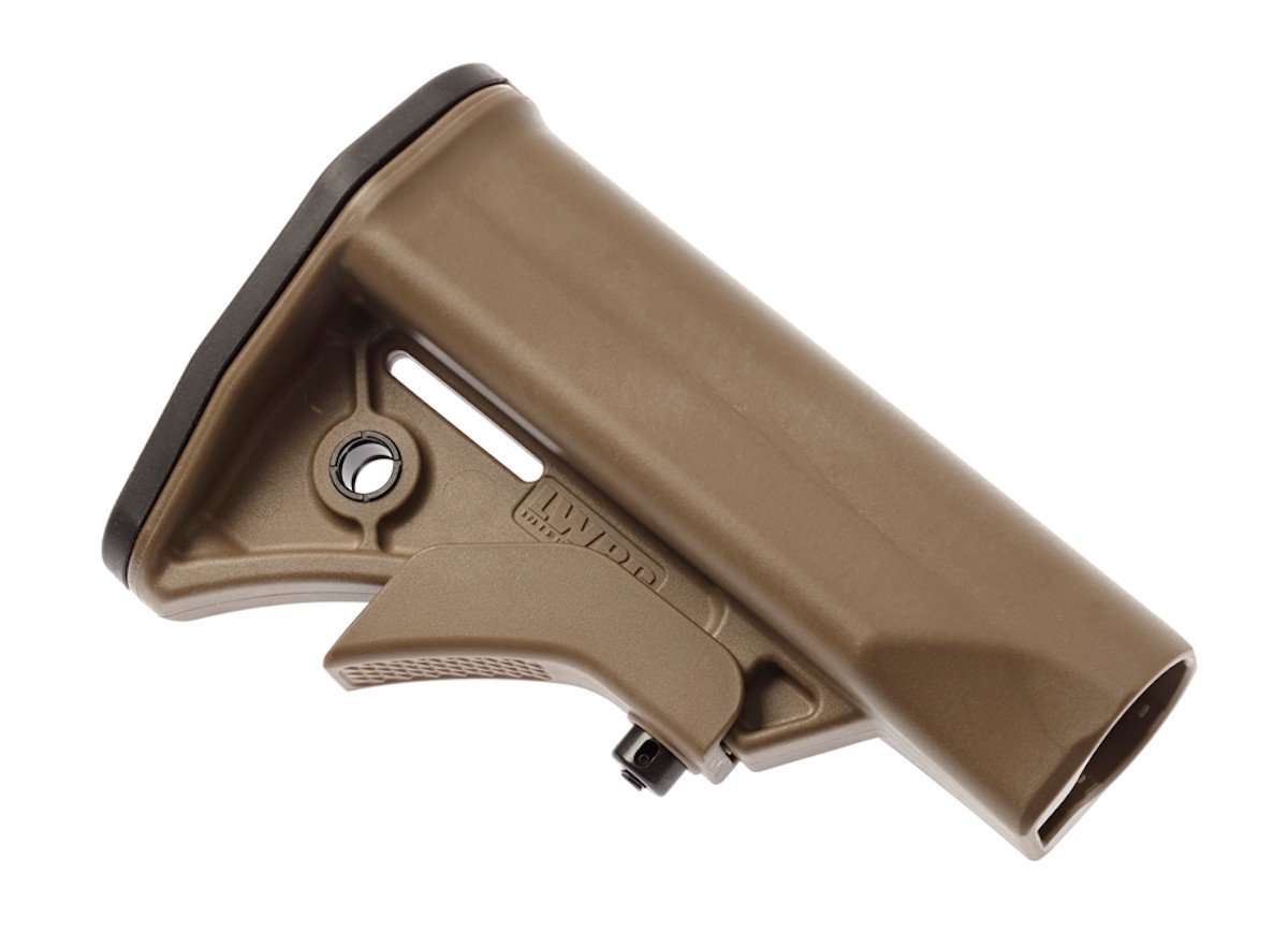 The LWRC Compact Stock is a drop-in replacement for AR-15 carbines with a Mil-Spec diameter buffer tube. It is a lightweight, no-nonsense stock that features integral sling attachment points, one-handed adjustment and an excellent cheek weld.