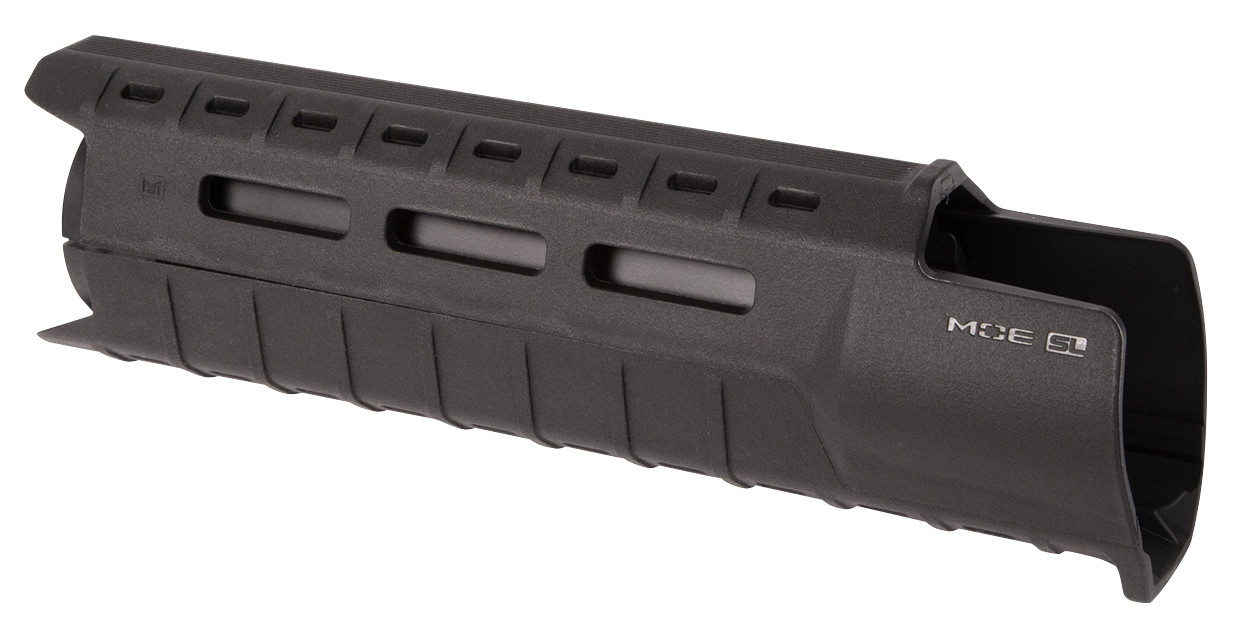 Made in the USA, the MOE SL Hand Guard for AR15/M4 firearms with carbine-length gas system and A2 front sight provides modular flexibility with M-LOK accessory slots in a lightweight, sleek, cost effective design. Reinforced, heat-resistant polymer construction provides operational durability without the weight and expense of an aluminum rail hand guard, integral riveted aluminum heat shield. M-LOK slots at the two, six and ten o'clock positions allow the attachment of optional Picatinny rail sections and other direct attach M-LOK accessories for the mounting of tactical lights, slings, grips, etc. A large front extension and lower lip protects the user from the hot front sight assembly and maximizes useable hand guard length. Easy to install utilizing existing delta ring and round front hand guard retaining cap with A2 front sight assembly*. Note- the MOE SL Hand Guard Carbine-Length is a direct replacement for M4 Carbine-type plastic, two-piece hand guards and utilizes the existing round front hand guard retaining cap and rear spring-loaded delta ring. Not compatible with piston operated AR platforms. Must be used with the triangular A2 front sight assembly, other gas blocks are not compatible. Factory sling swivel is not compatible and, if equipped, must be removed from the A2 front sight assembly.