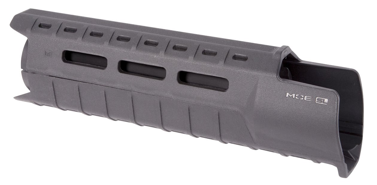 Made in the USA, the MOE SL Hand Guard for AR15/M4 firearms with carbine-length gas system and A2 front sight provides modular flexibility with M-LOK accessory slots in a lightweight, sleek, cost effective design. Reinforced, heat-resistant polymer construction provides operational durability without the weight and expense of an aluminum rail hand guard, integral riveted aluminum heat shield. M-LOK slots at the two, six and ten o'clock positions allow the attachment of optional Picatinny rail sections and other direct attach M-LOK accessories for the mounting of tactical lights, slings, grips, etc. A large front extension and lower lip protects the user from the hot front sight assembly and maximizes useable hand guard length. Easy to install utilizing existing delta ring and round front hand guard retaining cap with A2 front sight assembly*. Note- the MOE SL Hand Guard Carbine-Length is a direct replacement for M4 Carbine-type plastic, two-piece hand guards and utilizes the existing round front hand guard retaining cap and rear spring-loaded delta ring. Not compatible with piston operated AR platforms. Must be used with the triangular A2 front sight assembly, other gas blocks are not compatible. Factory sling swivel is not compatible and, if equipped, must be removed from the A2 front sight assembly.