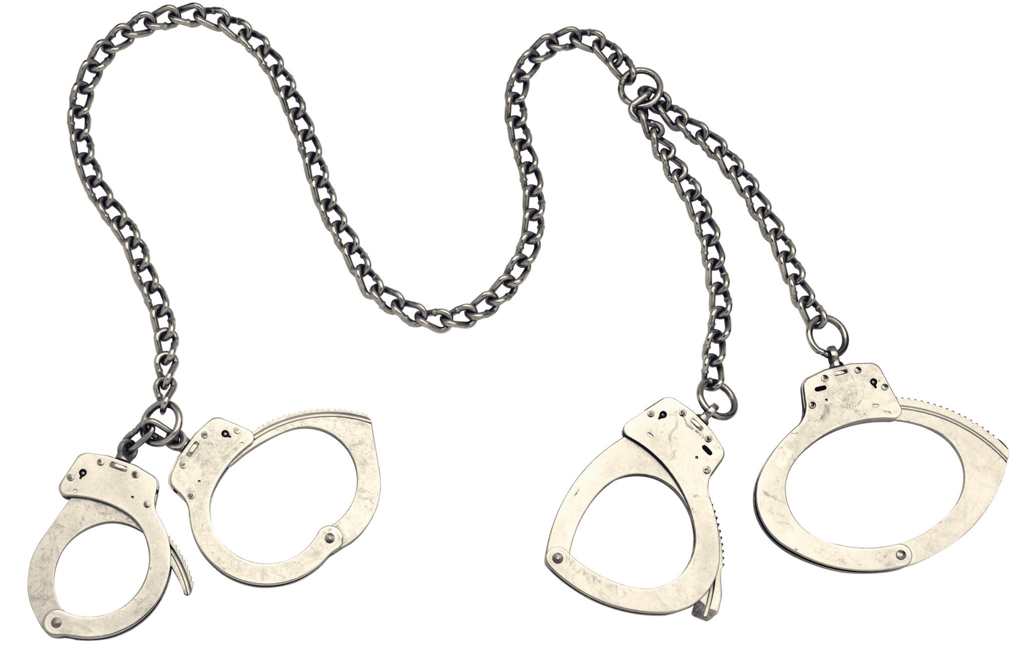 Smith & Wesson® Transport Restraint. The Smith & Wesson 1850 Transport Restraint uses a combination of our Model 1900 Leg Irons and Model 1 Universal Handcuff, both of which are in satin nickel finish. Crafted from finest quality carbon steel, they are durable and strong. Featuring 32" chain length between the cuffs, these handcuffs are manufactured with heat-treated internal lockworks.

The Smith & Wesson 1850 Transport Restraint for better security opens 12% larger for big size wrists and closes 11% smaller for thinner wrists. There are smooth ratchets for swift cuffing and double locks to prevent any kind of tampering. They meet or exceed the demanding US National Institute of Justice tests for strength, workmanship, corrosion and tamper resistance.