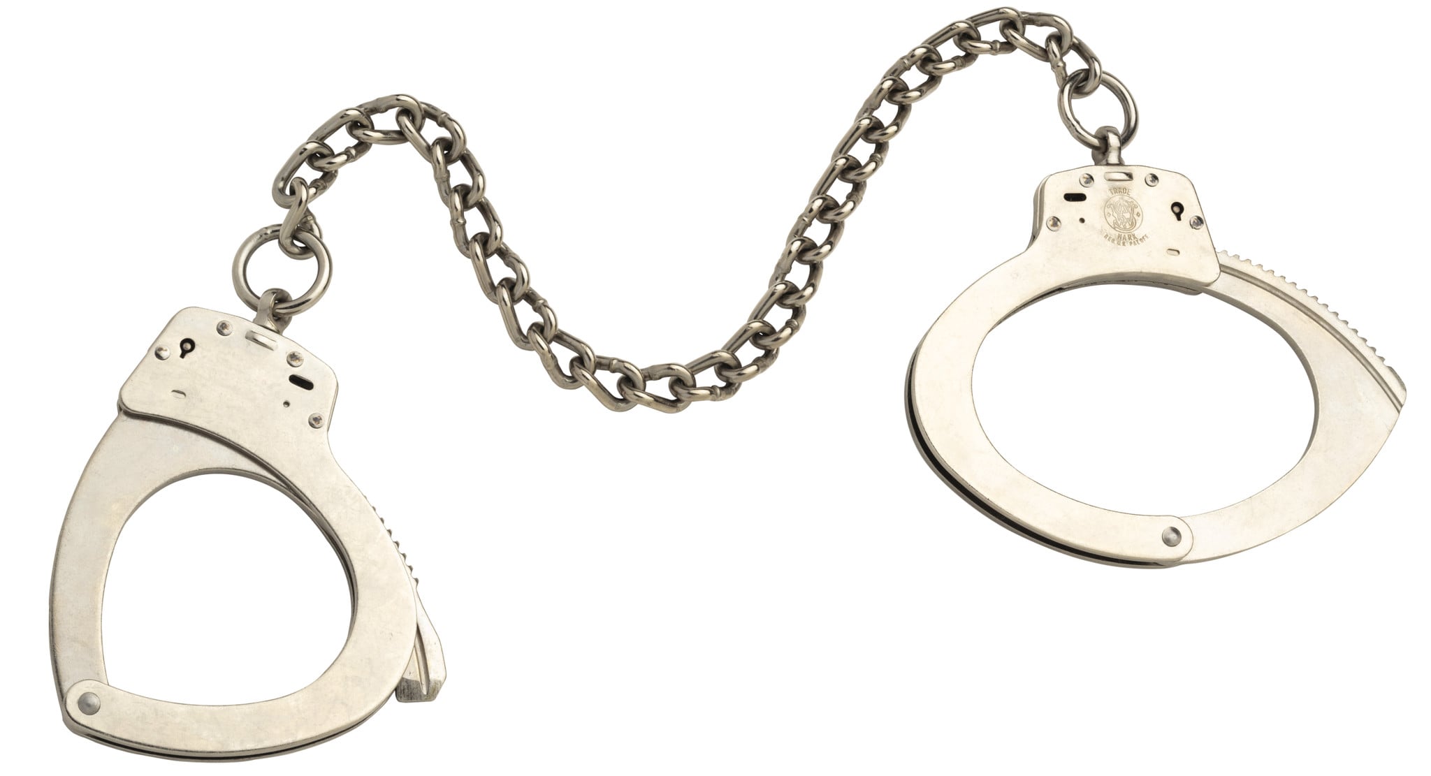 Smith & Wesson Model 1900 M&P Leg Irons. These are the same as regular Model 1900 leg irons, but with finger activated double locks. Other manufacturers have had problems with finger activated double locks in that they can be accidentally activated too easily. Smith & Wesson has solved the problem with levers that move away from the direction in which you're cuffing so the lever won't accidentally be engaged.  Oversized leg irons with 14" high-security heat-treated chain and larger dimension, elliptically contoured satin nickel cuffs. The inner perimeter measures 8" to 10-3/4". Leg irons feature 22 locking positions and a double lock engaging pin. 2 keys included. Includes Smith & Wesson's lifetime warranty and instructions.