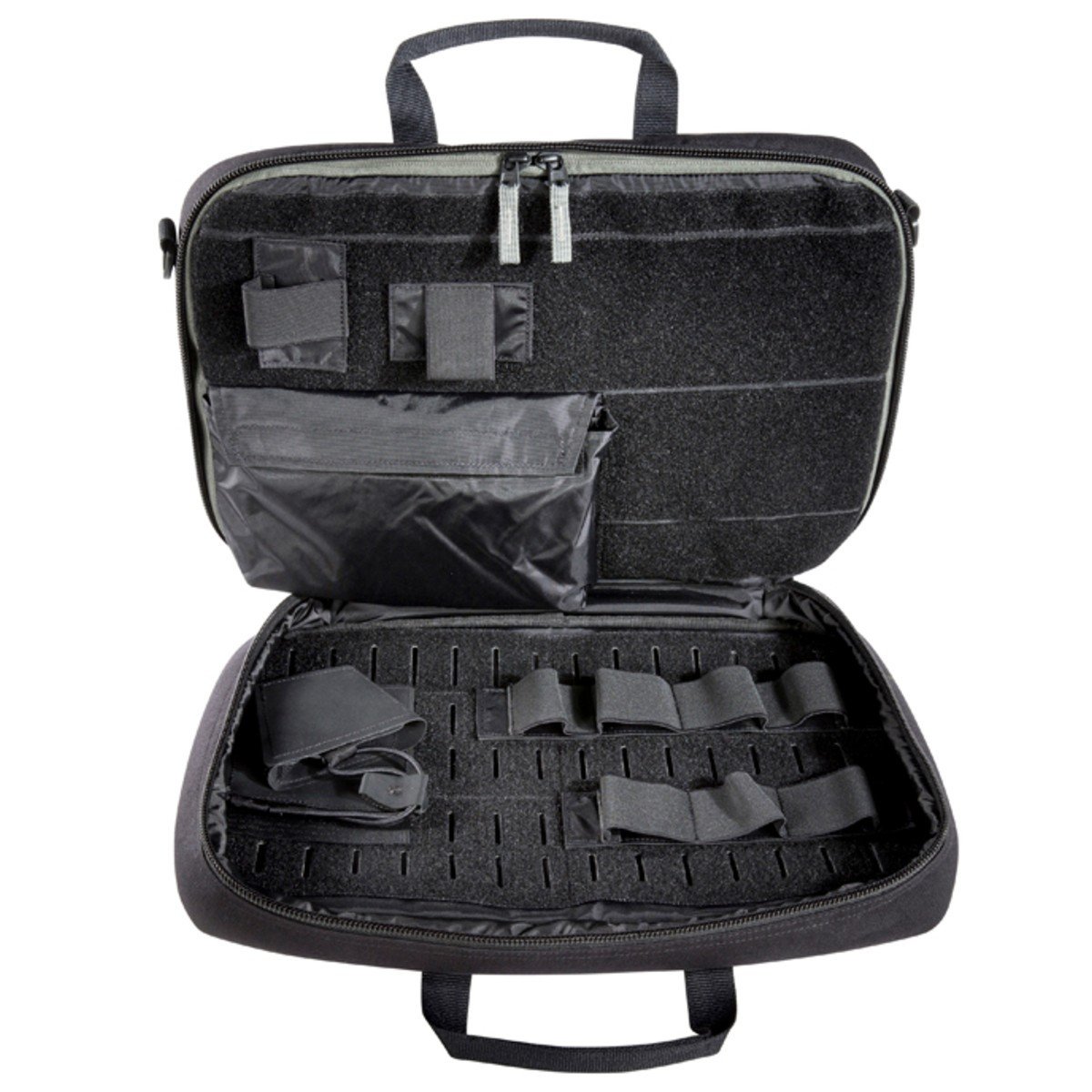 Modular handgun case for two or three weapons. The interior is fully equipped with MOLLE and hook-and-loop storage options. A zippered interior pocket is used for storing a laptop or additional equipment.

