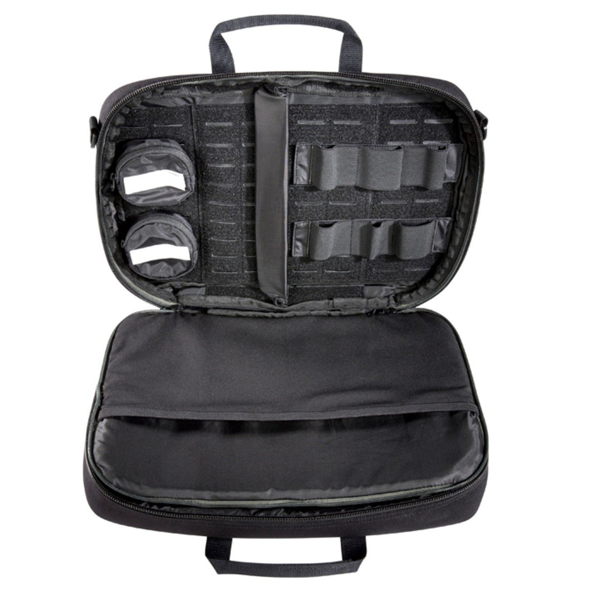 Modular handgun case for two or three weapons. The interior is fully equipped with MOLLE and hook-and-loop storage options. A zippered interior pocket is used for storing a laptop or additional equipment.

