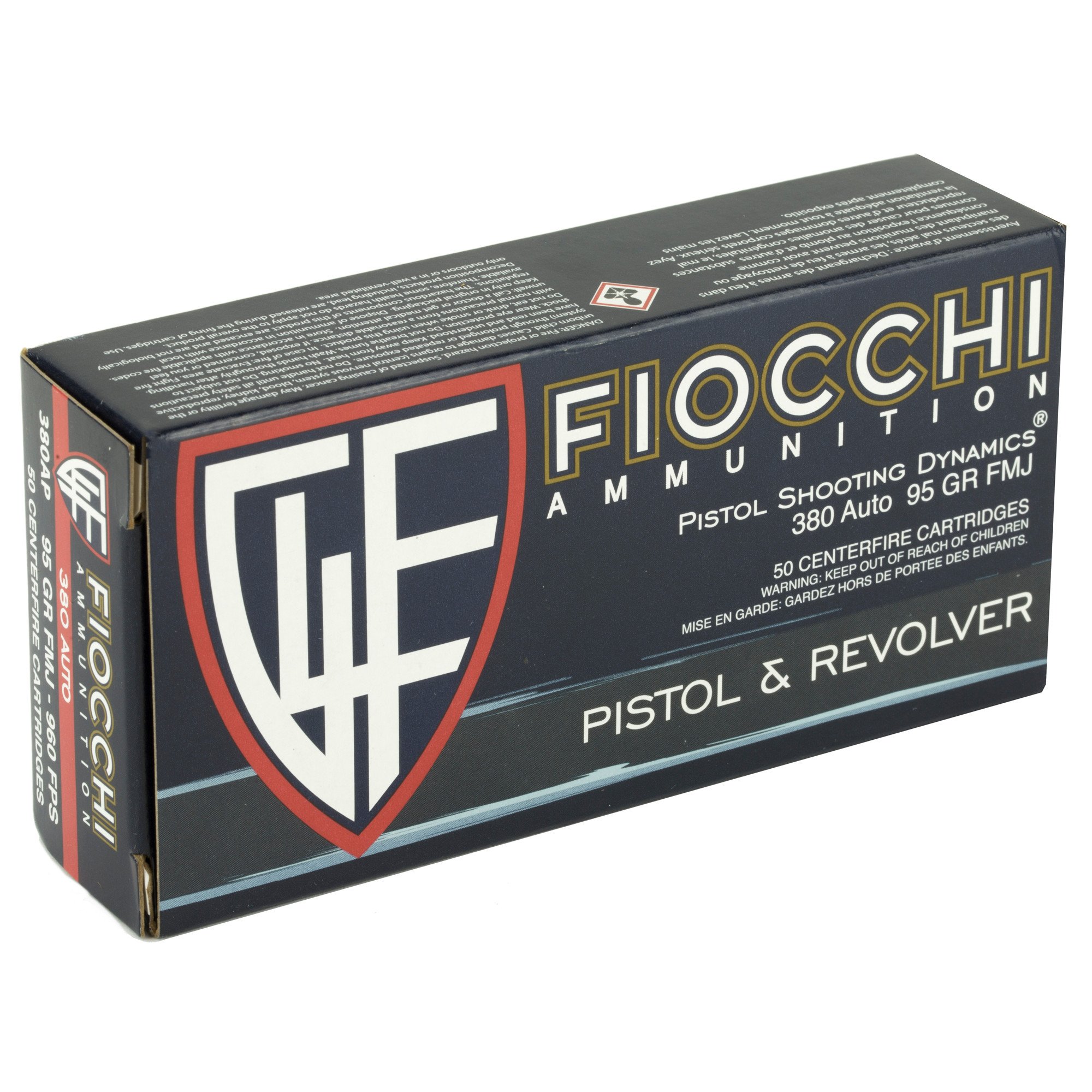 Fiocchi Shooting Dynamics .380 Auto/ACP Full Metal Jacket ammunition is loaded with a 95 grain bullet and reaches an average muzzle velocity of 960 fps.  Ammunition comes with 50 rounds per box.
