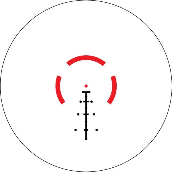 AR-BDC4 Reticle
This BDC reticle is built to get the most out of the 5.56 cartridge in your AR, providing both rapid target acquisition and the tools for holdovers out to 650 yards.