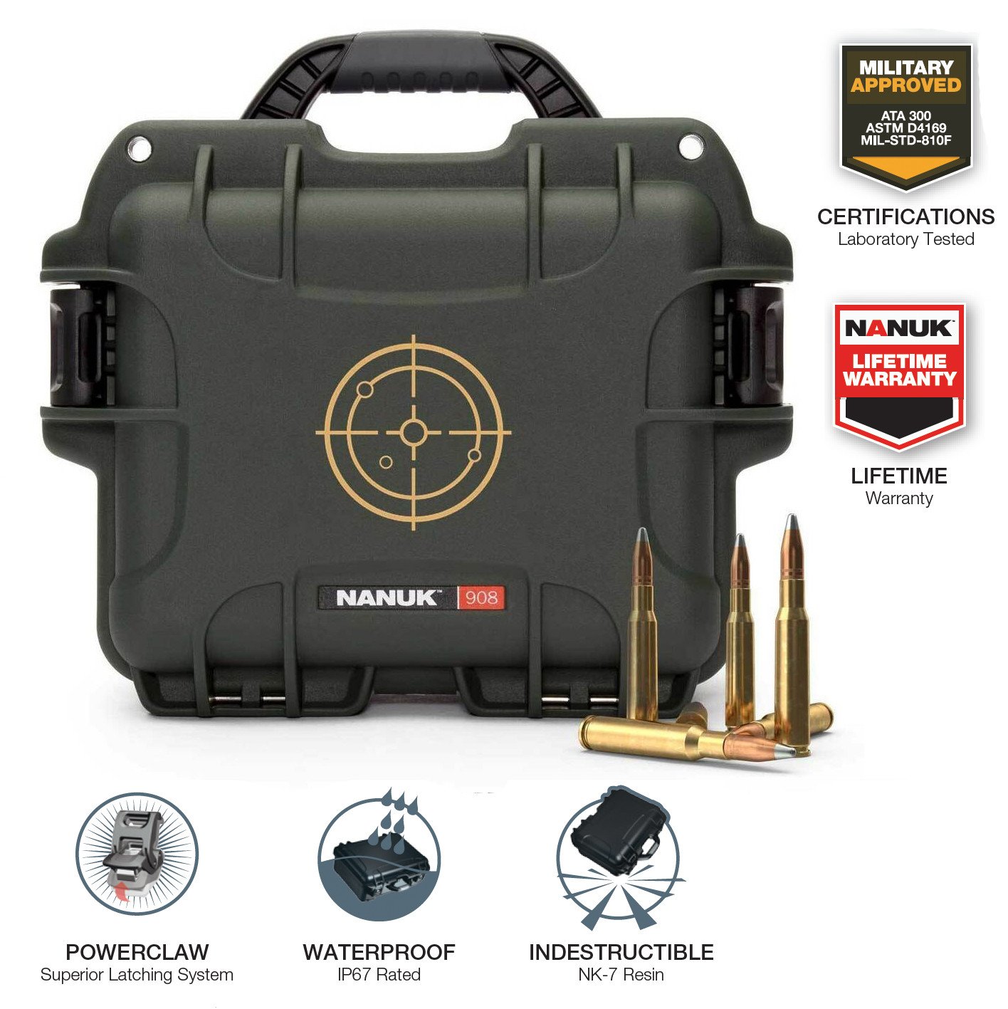Built to survive the harshest elements, the NANUK 908 Ammo Case is the ultimate waterproof, dustproof and rust-proof way to protect and transport
your ammunition. A clear upgrade to metal and cheap plastic cases, the NANUK 908 Ammo Case is the real thing for guaranteed dry storage. Don’t trust
your ammo to a can that will rust or a case that is just “splash-proof”. Count on NANUK’s two PowerClaw latches that clamp the lid shut while the
high-performance rubber gasket resists deformation and fatigue to maintain a watertight seal. In fact, the NANUK 908 Waterproof Ammo Case can be
submerged in 1 meter/3 feet of water for 30 minutes! Includes two reinforced metal eyelets for padlocks or combination locks to secure the case and its
contents when required. NANUK’s pressure relief system lets air in but prevents water from entering. The 908 is designed with feet on the bottom and
interlocking channels on the lid for easy, efcient and rigid stacking when transporting or storing your ammo. NANUK cases are trusted by passionate
outdoor enthusiasts, sportsmen, law enforcement, military, hunters and shooting sports enthusiasts to protect their mission-critical gear and supplies.
They know that NANUK protects like no other case thanks to its lightweight, indestructible MIL-Spec NK-7 resin body. Backed by a lifetime warranty.