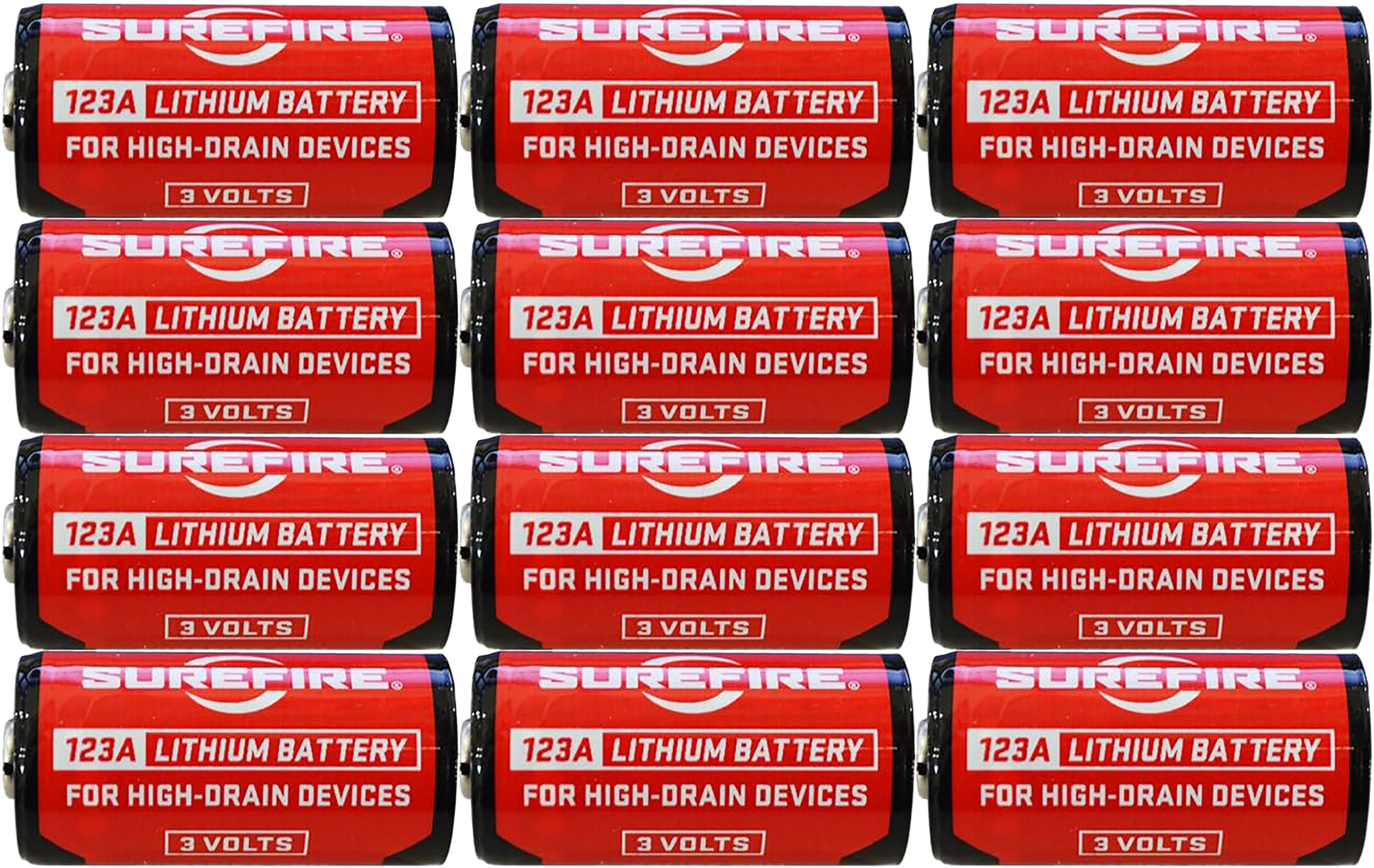 Always Be Prepared. Optimized for use in SureFire flashlights, SureFire 123A high-performance lithium batteries pack a lot of power into a very small package. And unlike alkaline batteries, SureFire batteries have a 10-year shelf life, which means they will be ready when you need them, every time. Trust in the power and durability of SureFire batteries.