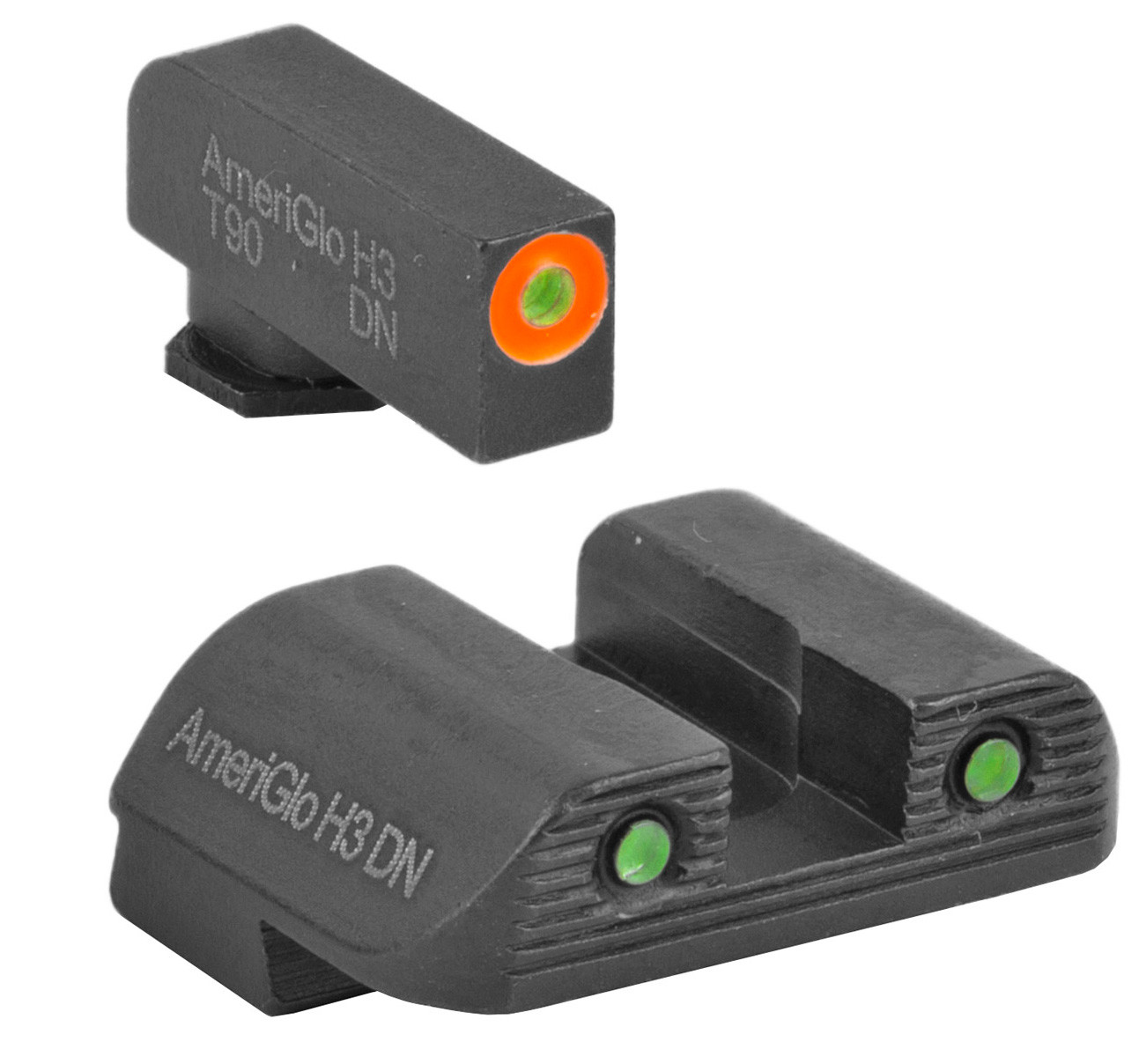 AmeriGlo, Trooper, Sight, Fits Glock 42 and 43, Green Tritium with Orange Outline Front, Green Tritium Black Serrated Rear. Sight set with green tritium lamp
orange or luminescent green outline front and two green tritium lamp rear for Glocks
Highly visible under all lighting conditions.
LumiGreen paint will glow brightly for 10 minutes after light exposure.
