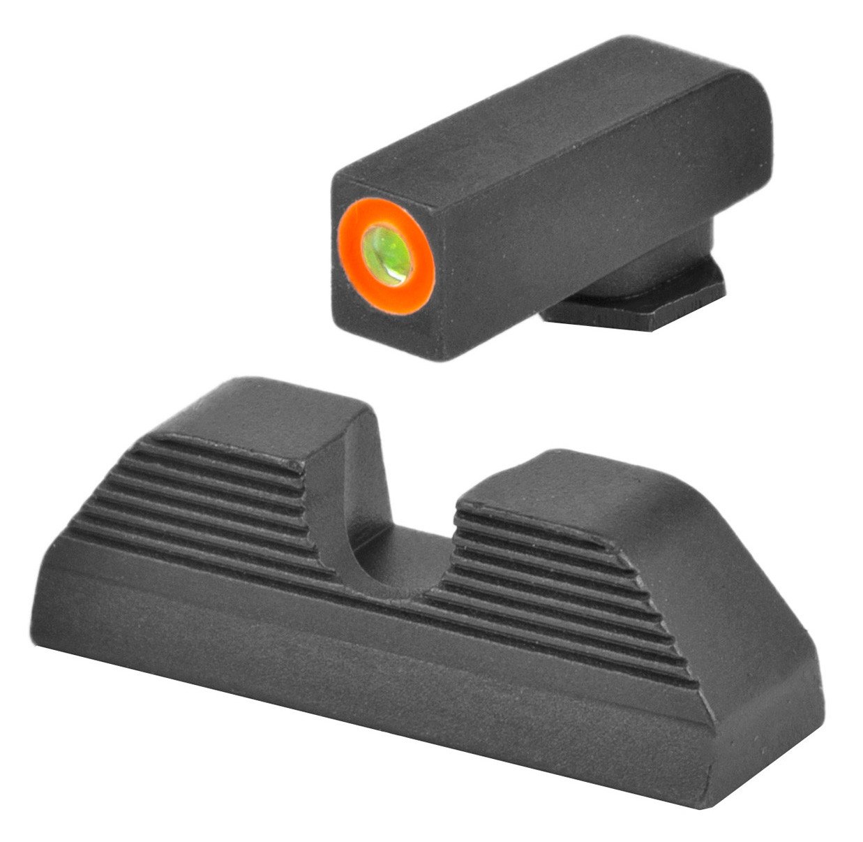 This UC Tritium sight set is designed with large, highly visible front for rapid sight acquisition. It has a green tritium lamp with a luminescent outline front sight and round notch, serrated steel rear sight. This model fits Glock 17, 19, 22, 23, 24, 26, 27, 33, 34, 35, 37, 38, 39 Gen1-4. It has an orange outline, 140" Wide Front, 165" Notch, U-Notch Black Serrated Rear.