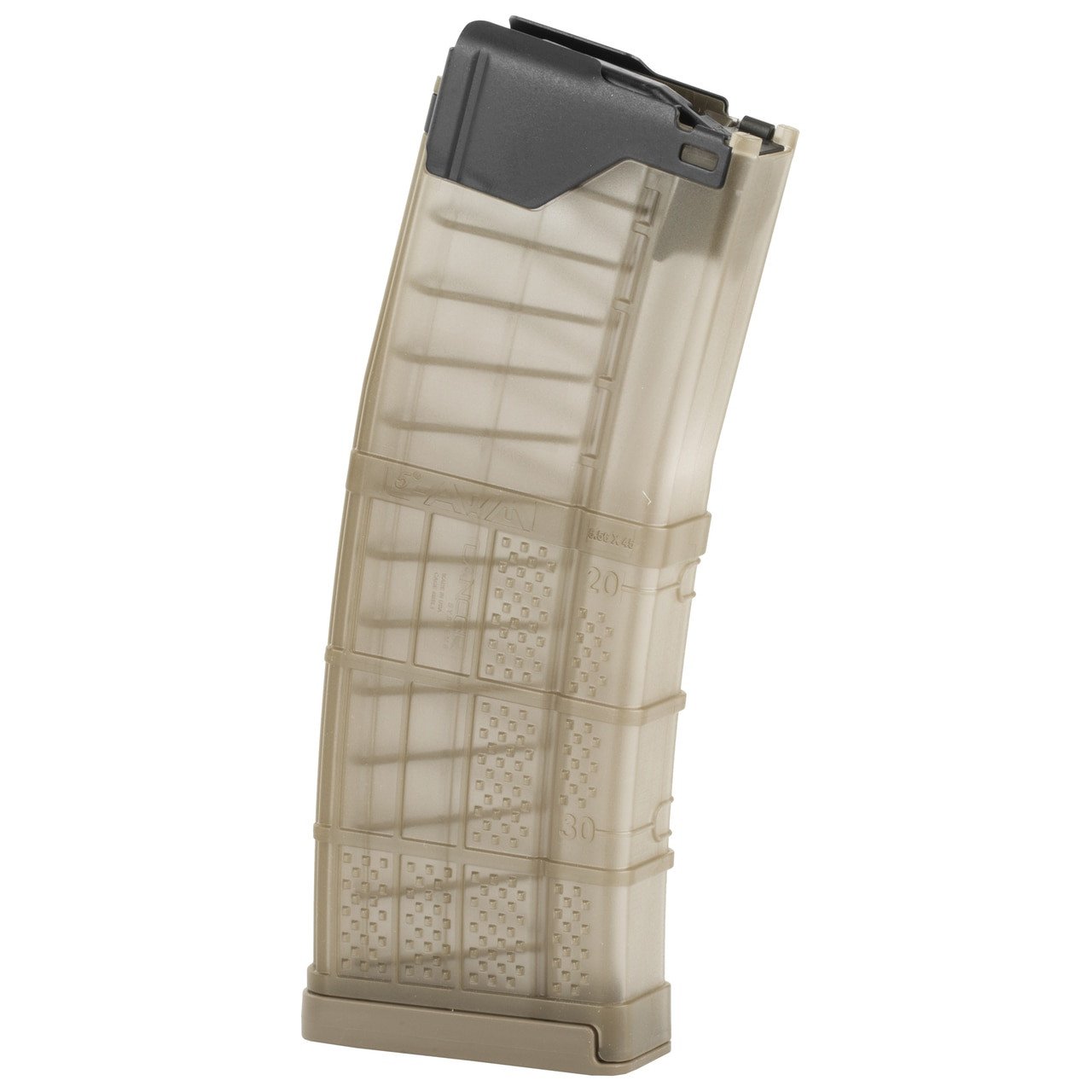 The Lancer Systems L5 AWM Magazine is a polymer and steel hybrid that combines the best features of each material. The one-piece steel feed lip unit is permanently fixed to the polymer body. The steel is hardened so the dimensions will not change in long term storage or rough use.

The PTFE coating ensures the steel will not rust. The polymer body is designed with an internal dimension that is a constant curve, combined with a no-tilt follower for maximum reliability in feeding 5.56x45mm NATO ammunition. The steel feed lip assembly and the polymer body are corrosion and chemical resistant. The floor plate slides off similar to a USGI magazine for cleaning and maintenance.