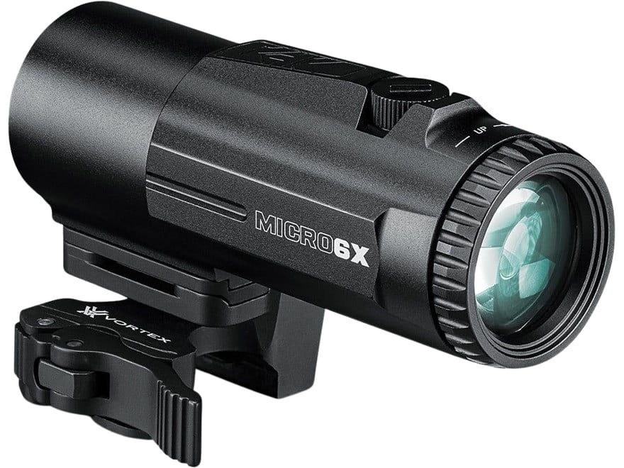 The Vortex Micro 6x Magnifier provides easy on, easy off functionality and is built to seamlessly fit onto your rifle. The Micro 6x magnifier delivers an incredibly compact 6x optical system that takes your red dot farther. The Micro 6x features robust functionality in the field, three mount heights to best fit your setup, and an adjustable flip mount that allows for left or right-handed use. The camlock system engages or disengages with direct pressure, allowing you to raise and lower the magnifier quickly and easily.