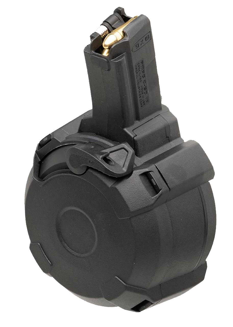 Lightweight but incredibly strong, Magpul's PMAG D-50 MP is a highly reliable, 9x19mm Parabellum, 50-round drum magazine for HK94/MP5 large-format pistols and pistol caliber carbines.It's unique drum configuration keeps the height of the magazine manageable, allowing for prone firing and easier storage. For easy loading, it includes a ratcheting loading lever that removes tension from the internal spring. They've also included a rounds-remaining rear window, a high-visibility follower and a capacity indication roller.