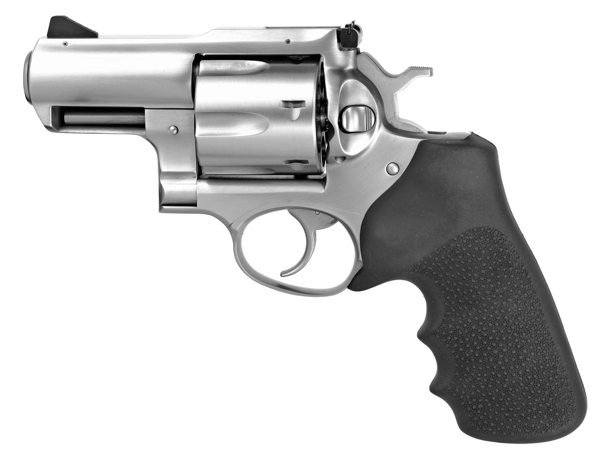 Be prepared for potent strength and power with the Ruger Super Redhawk Double-Action Revolvers. The triple-locking cylinder is locked into the frame at the front, rear and bottom for more positive alignment and dependable operation shot after shot. Its corrosion-resistant stainless steel finish boasts the durability and reliability that is the hallmark of a Ruger firearm. The strong extended frame with extra metal in top strap, sidewalls and barrel mounting areas will handle powerful, big game loads. The recoil cushioning Hogue Tamer Monogrip with an internal recoil cushion helps reduce the impact of powerful loads while the peg-style grip frame easily accommodates custom grips. Dual chambering allows .44 Magnum models to accept factory .44 Special cartridges and .454 Casull models to accept factory .45 Colt cartridges. The patented transfer bar mechanism provides an unparalleled measure of security against accidental discharge and the cold hammer-forged barrel results in ultra-precise rifling that provides exceptional accuracy, longevity and easy cleaning. It has an adjustable rear sight and fixed, replaceable insert ramp front sight.