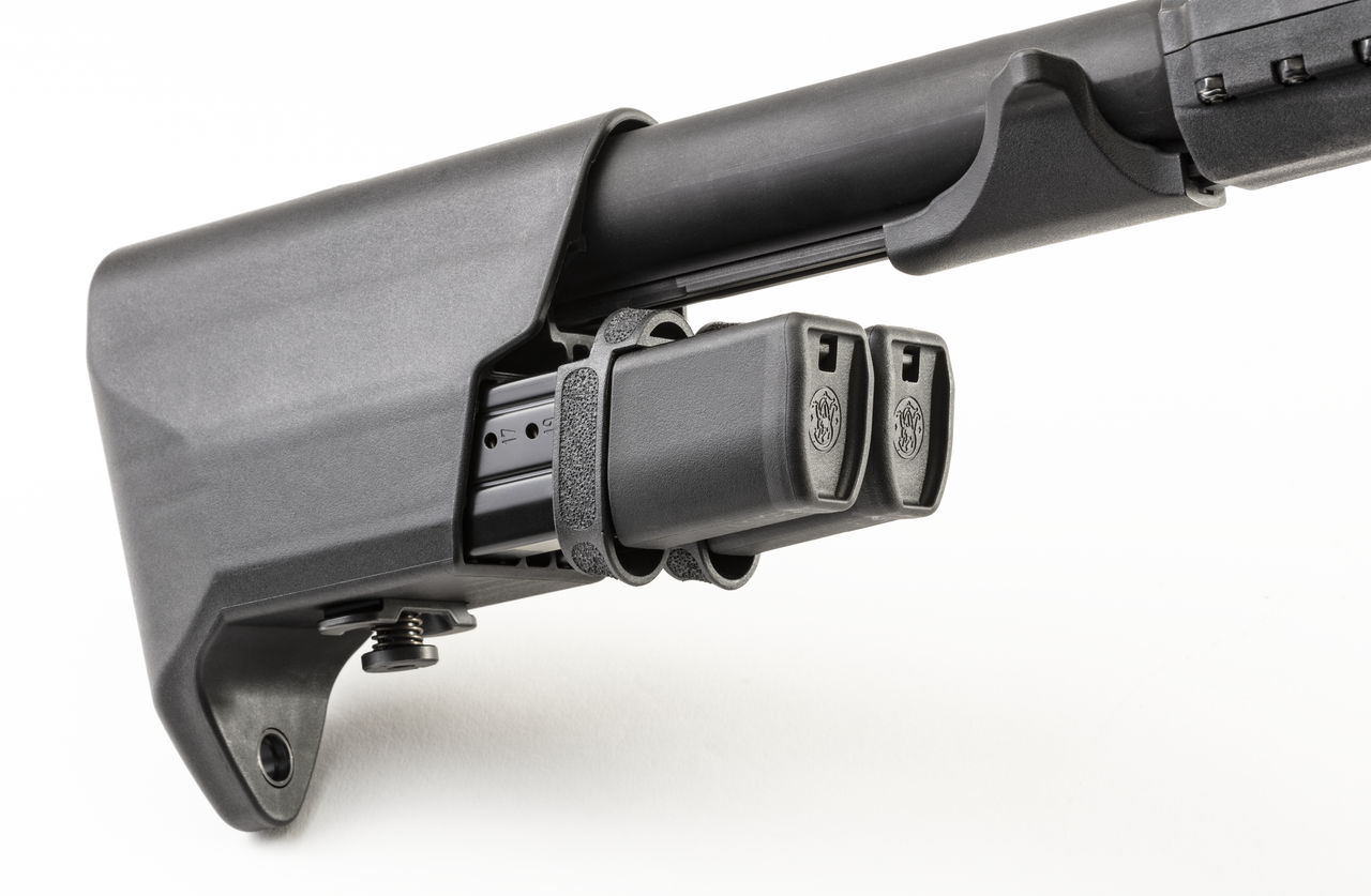 The new optics-ready M&P® FPC™ showcases our brand new, compact, folding design. Coming with(one) 17-round and (two) 23-round magazines, the in-stock magazine storage w/ quick-release latch makes reloading convenient and quick. The M&P® FPC™ is compatible with M&P® full-size and compact pistol double-stack magazines, and includes a carrying bag with additional storage and Velcro® straps.