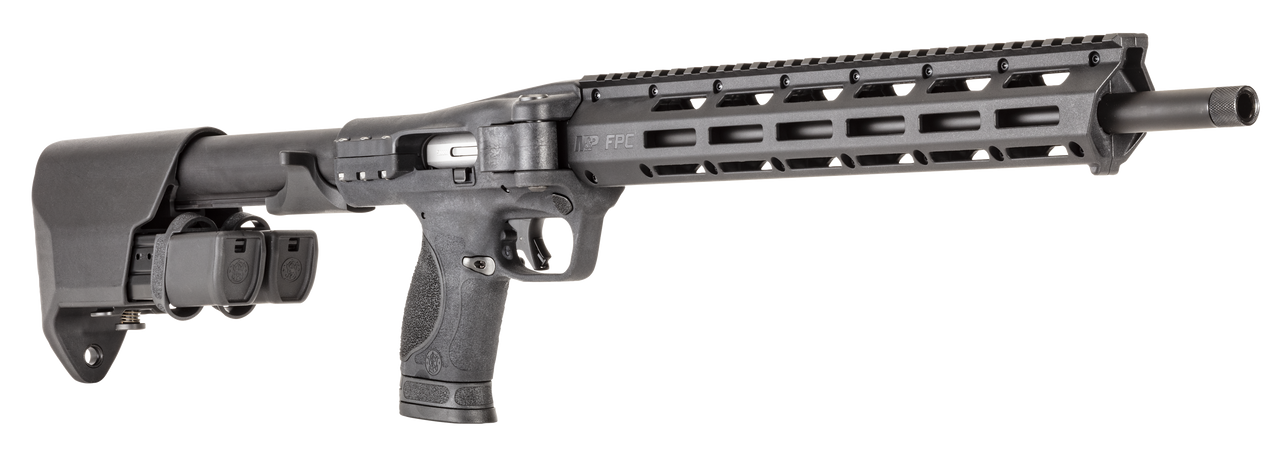 The new optics-ready M&P® FPC™ showcases our brand new, compact, folding design. Coming with(one) 17-round and (two) 23-round magazines, the in-stock magazine storage w/ quick-release latch makes reloading convenient and quick. The M&P® FPC™ is compatible with M&P® full-size and compact pistol double-stack magazines, and includes a carrying bag with additional storage and Velcro® straps.