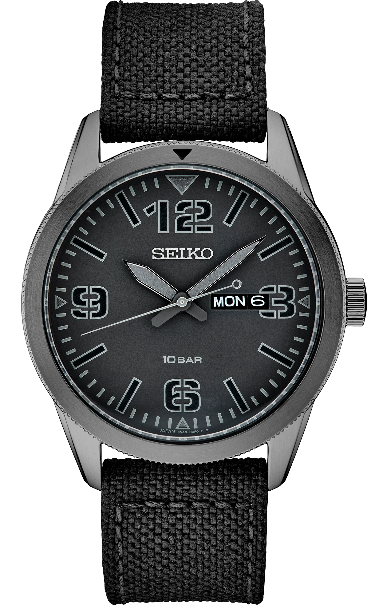 This Seiko watch has a very easy-to-read black dial inspired by old pilot watches. It features a 43mm diameter PVD plated stainless steel case that is only 10mm thick. It is light weight too at just 74 grams. For telling time in the dark, the hour and minute hands are filled with gray Lumibrite as are the four triangles on the blue dial. The crystal is scratch resistant Seiko Hardlex mineral glass. The fixed bezel has a black triangle at the 12:00 position. Powering the watch is a Seiko Caliber 6N43 quartz movement that runs on a battery. The strap is a nylon weave with a leather backing. It is a handsome watch with a stealth military look.