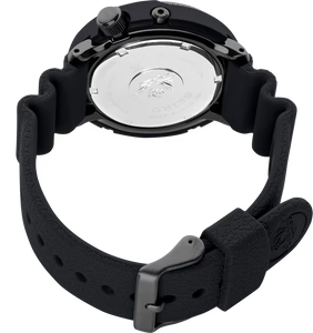 This Seiko PROSPEX "Street Series" is just the latest innovative design inspired by the original 1975 Seiko diver’s, this new timepiece features the same iconic case protector, in a more compact urban sporty style.  The SNE567 wristwatch is a diving piece with a 200 meter water resistance and screw down crown strategically positioned at 4:00 for increased comfort that provides added security against moisture and dirt intrusion. Equipped with a bi-colored black and grey aluminum rotating uni-directional 120 click elapsed timing bezel, meets ISO standards for scuba diving. The 46.7mm black stainless steel case has a durable, light-weight high-tech protective shell exterior with decorative black-ion metal rivets. A black distressed patterned dial with high-visible luminous hands, markers and appendages makes this wrist watch easily readable in any environment. Seiko's own V157 caliber is powered by light with a 10-month power reserve once fully charged. Fitted with a black vintage leather patterned rubber silicone accordion shaped strap with tang buckle with black ion finished safety keeper to keep your watch secure and in place.

The PROSPEX "Street Collection" is a modern take on the classic Seiko brand with innovative and modern style that is perfectly suited for urban living and a gold standard for watch enthusiast of all capacities.