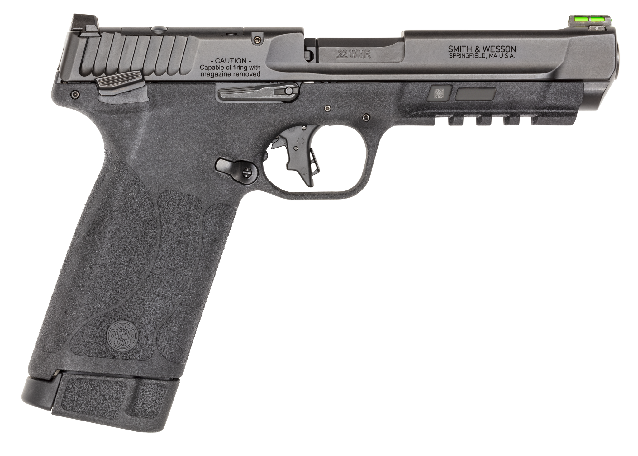 This handgun is all about bringing more – more capacity, more reliability,
more consistency, more excitement. With a staggering 30 rounds in the magazine, you can enjoy more time shooting and less time spent reloading. Using the TempoTM barrel system, the front gas port keeps everything working as it should – no moving parts until they’re supposed to be moving. With an optics-cut slide,
out of the box, you can mount most micro red dots and hit the range.
Get more with the new M&P®22 Magnum.