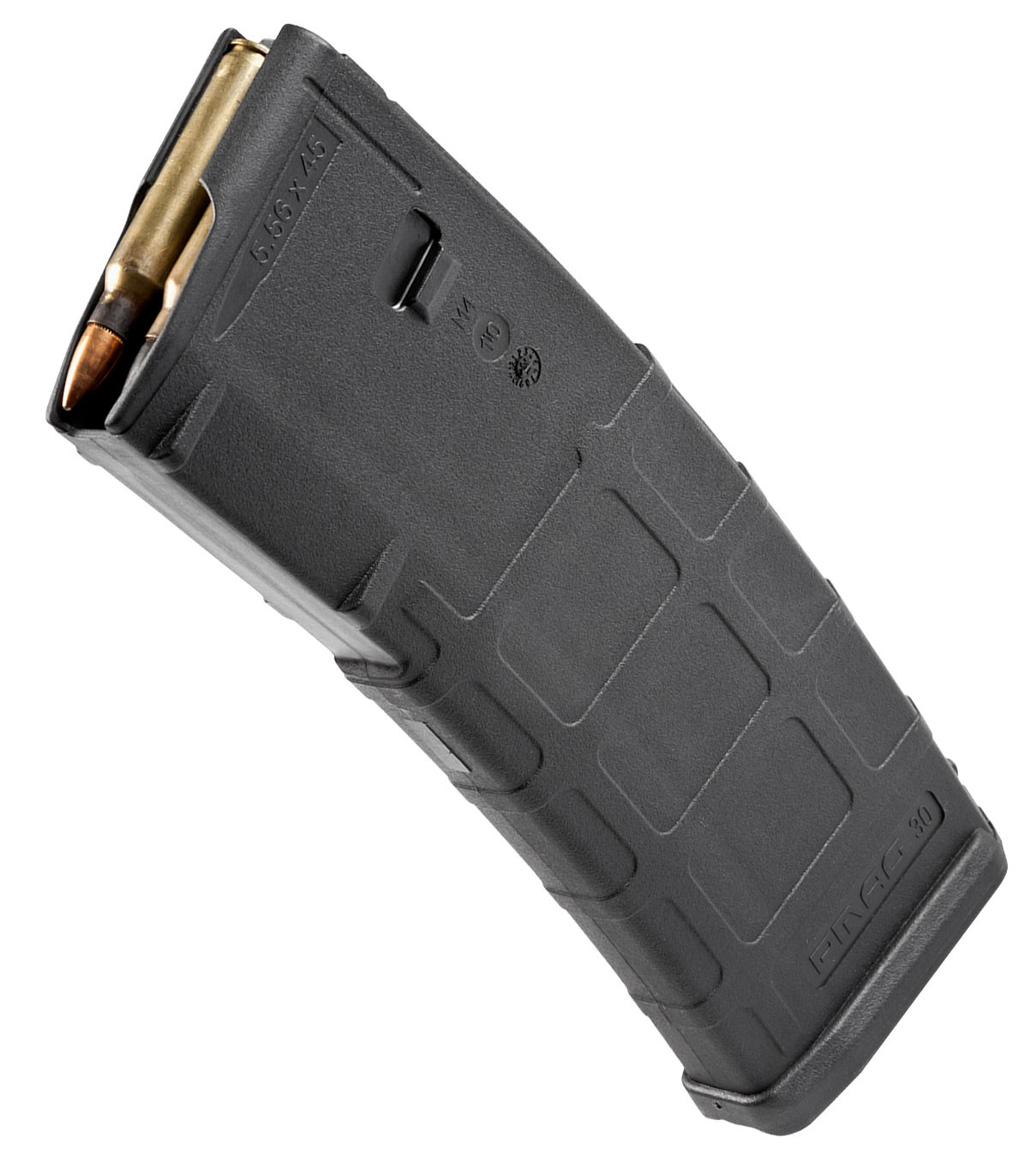 Made in the U.S.A, the PMAG 30 AR/M4 GEN M3 is a polymer magazine for AR15/M4 compatible weapons. Similar to the MOE PMAG, the GEN M3 features a long-life USGI-spec stainless steel spring for commonality, a four-way anti-tilt follower, constant-curve internal geometry for reliable feeding, and simple tool-less disassembly for easy cleaning. The PMAG 30 GEN M3 also includes a redesigned bolt catch notch in the rear of the magazine that provides increased bolt catch clearance, while an over-travel stop on the spine helps ensure the magazine will not over-insert on compatible weapons. Low profile ribs and new, aggressive front and rear texture give positive control of the GEN M3 in all environments, and a paint pen dot matrix has been added to the bottom panel of the body to allow easy marking for identification. The new, easy to disassemble flared floorplate aids extraction and handling of the magazine while providing improved drop protection, but is slightly slimmer than before for better compatibility with tight double and triple magazine pouches. An included pop-off impact/dust cover can optionally be used to minimize debris intrusion and protect against potential damage to the top cartridge during storage and transit.