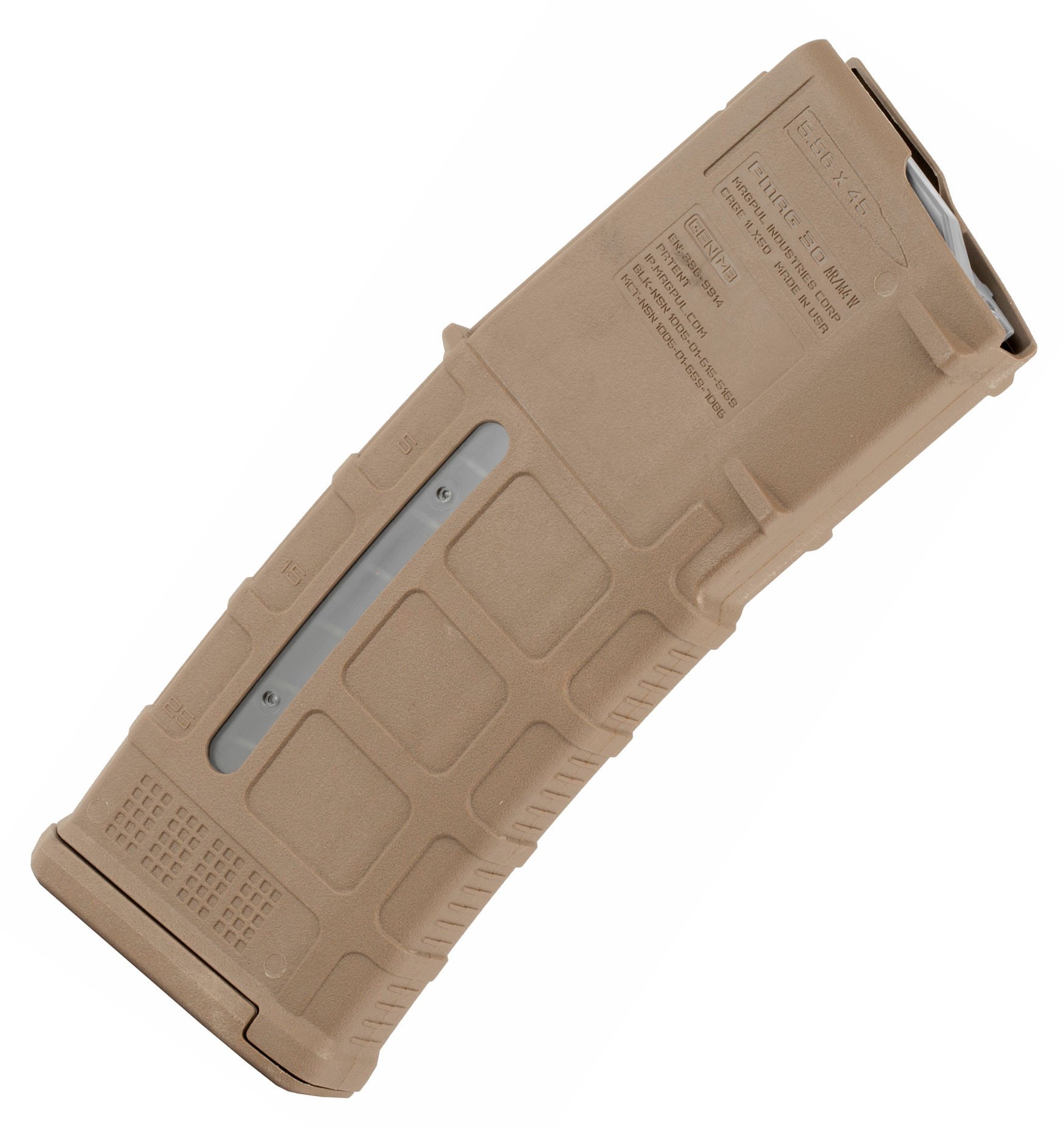 MAG556-MCT,The next-generation PMAG 30 AR/M4 GEN M3 Window is a 30-round 5.56x45 NATO (.223 Remington) polymer magazine for AR15/M4 compatible weapons that features transparent windows to allow rapid visual identification of approximate number of rounds remaining. Along with expanded feature set and compatibility, the GEN M3 Window incorporates new material technology and manufacturing processes for enhanced strength, durability, and reliability to exceed rigorous military performance specifications. While the GEN M3 is optimized for Colt-spec AR15/M4 platforms, modified internal and external geometry also permits operation with a range of additional weapons such as the HK 416/MR556A1/M27 IAR, British SA-80, FN SCAR MK 16/16S, and others.