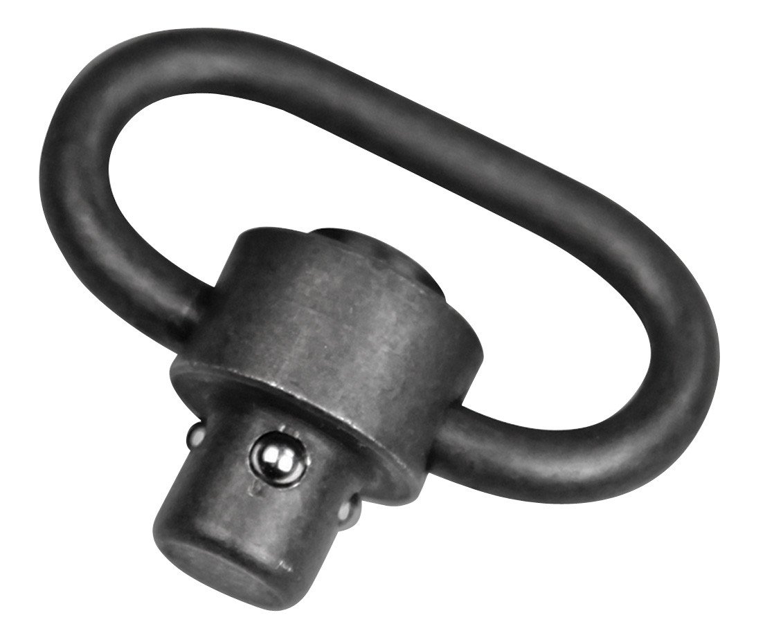 Push-button quick-detach sling swivel for 1-1/4" webbing, compatible with QD sling attachment points. Manganese-phosphate finished steel. Combine with the MS1 Sling for a dedicated two-point sling or with an MS1 MS4 Adapter for a two to one-point convertible sling. Made in the USA.