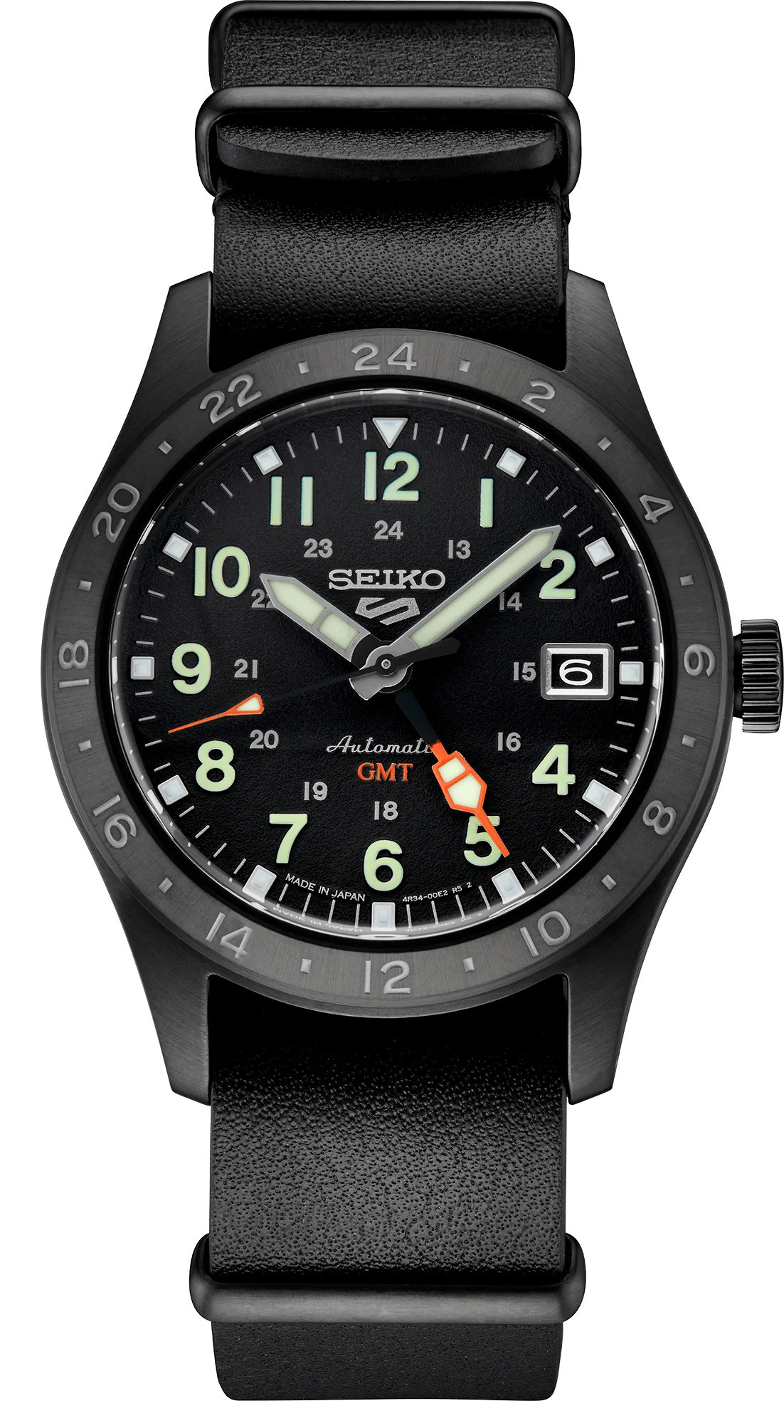Most GMTs are decidedly sporty, often resembling diving watches. Which makes the field-style looks of Seiko's 5 Sports SSK025 so refreshing. This stealthy offering pairs a black-coated stainless steel case and bezel with a black dial and black calfskin strap. Powered by a 4R34 automatic movement, it has a distinct five-sized GMT hand that works with the fixed 24-hour bezel to keep track of time in a second zone. The black dial is outfitted with Arabic numerals and LumiBrite hands and indexes for excellent legibility, as well as a date window at 3 o'clock for maximum functionality.