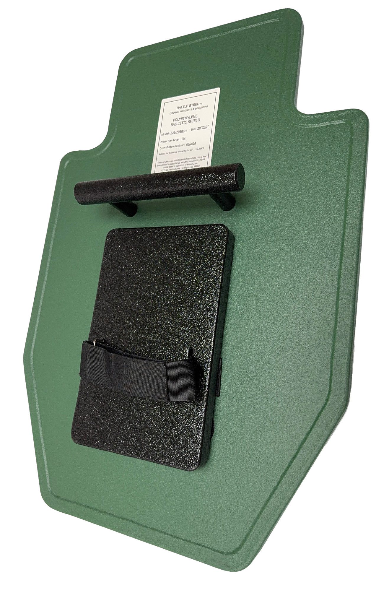 The BattleSteel Level IV ballistic shield is a high-protection shield that provides multi-strike protection from armor-piercing rounds and all lesser ballistic threats.portable military grade LEVEL IV ceramic-faced composite ballistic shields designed to defeat multiple impacts of military penetrator "Black Tip" armor-piercing (AP & API) small arms projectile threats, at muzzle velocities.