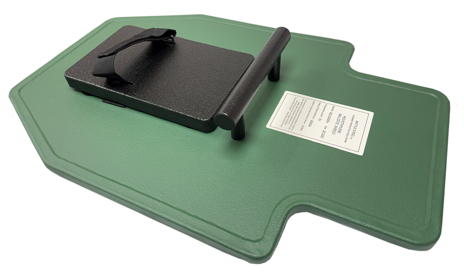 The BattleSteel Level IV ballistic shield is a high-protection shield that provides multi-strike protection from armor-piercing rounds and all lesser ballistic threats. portable military grade LEVEL IV ceramic-faced composite ballistic shields designed to defeat multiple impacts of military penetrator "Black Tip" armor-piercing (AP & API) small arms projectile threats, at muzzle velocities.