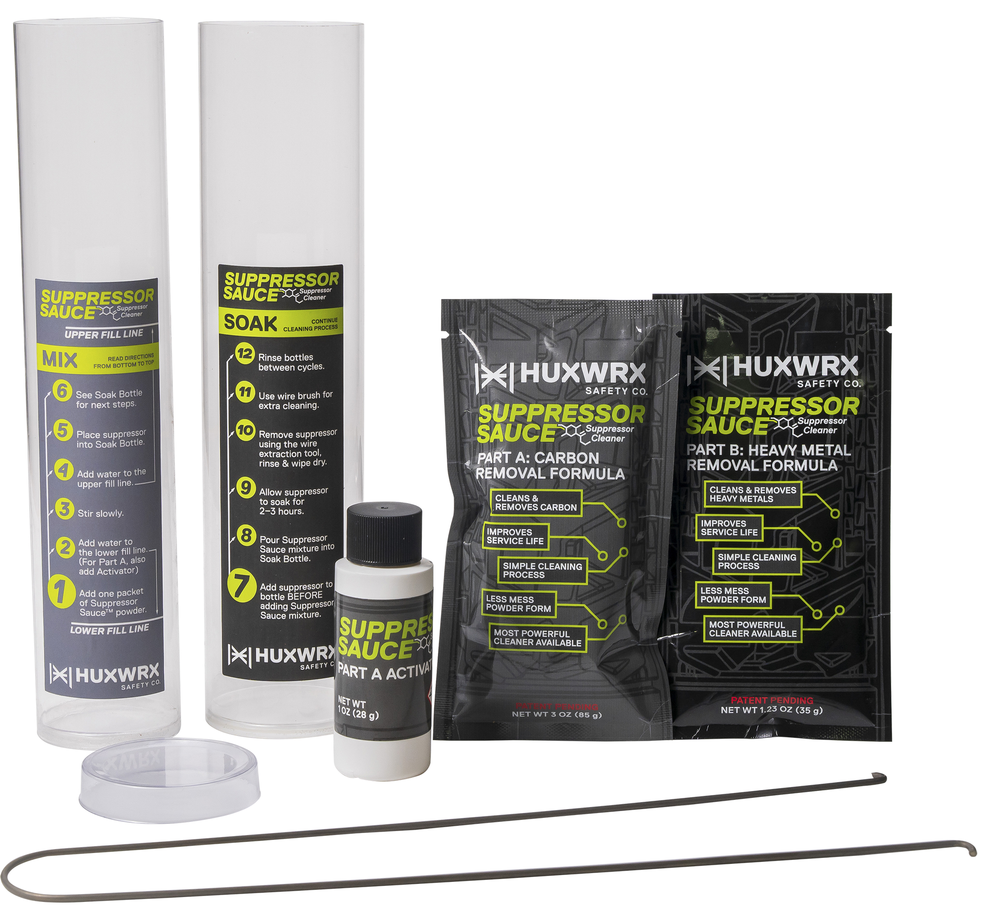 HUXWRX Safety Company, Suppressor Sauce Cleaning Kit, Multi Color, Includes Mix & Extraction Wire Tool, Mix Bottle, Soak Bottle with Lid, One Packet of Part A: Carbon Removal Formula, One Bottle of Part A: Activator, One Packet of Part B: Heavy Metal Removal Formula