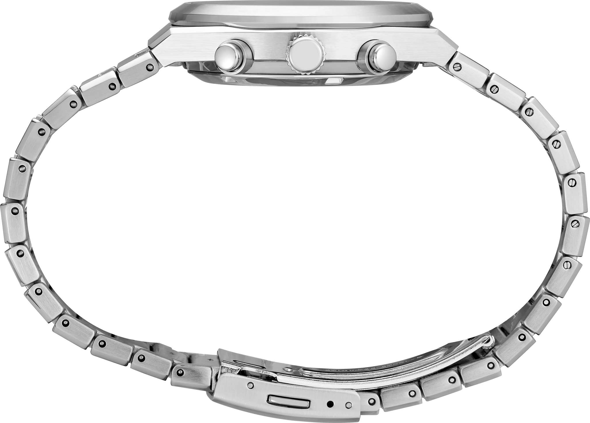 From the Essentials Collection. A modern take on a classic style, this contemporary watch features a sleek, angular case and bracelet design perfect for both dress occasions and everyday wear. The gray pressed pattern dial showcases three subdials, simple stick indices, a date calendar, and LumiBrite hands and markers. Crafted of stainless steel with a scratch-resistant sapphire crystal, this versatile timepiece is equipped with a chronograph function that measures up to 60 minutes of elapsed time in 1/5 second increments and includes a secure screwdown caseback and tri-fold push button release clasp. 10 bar, 100M Water Resistant