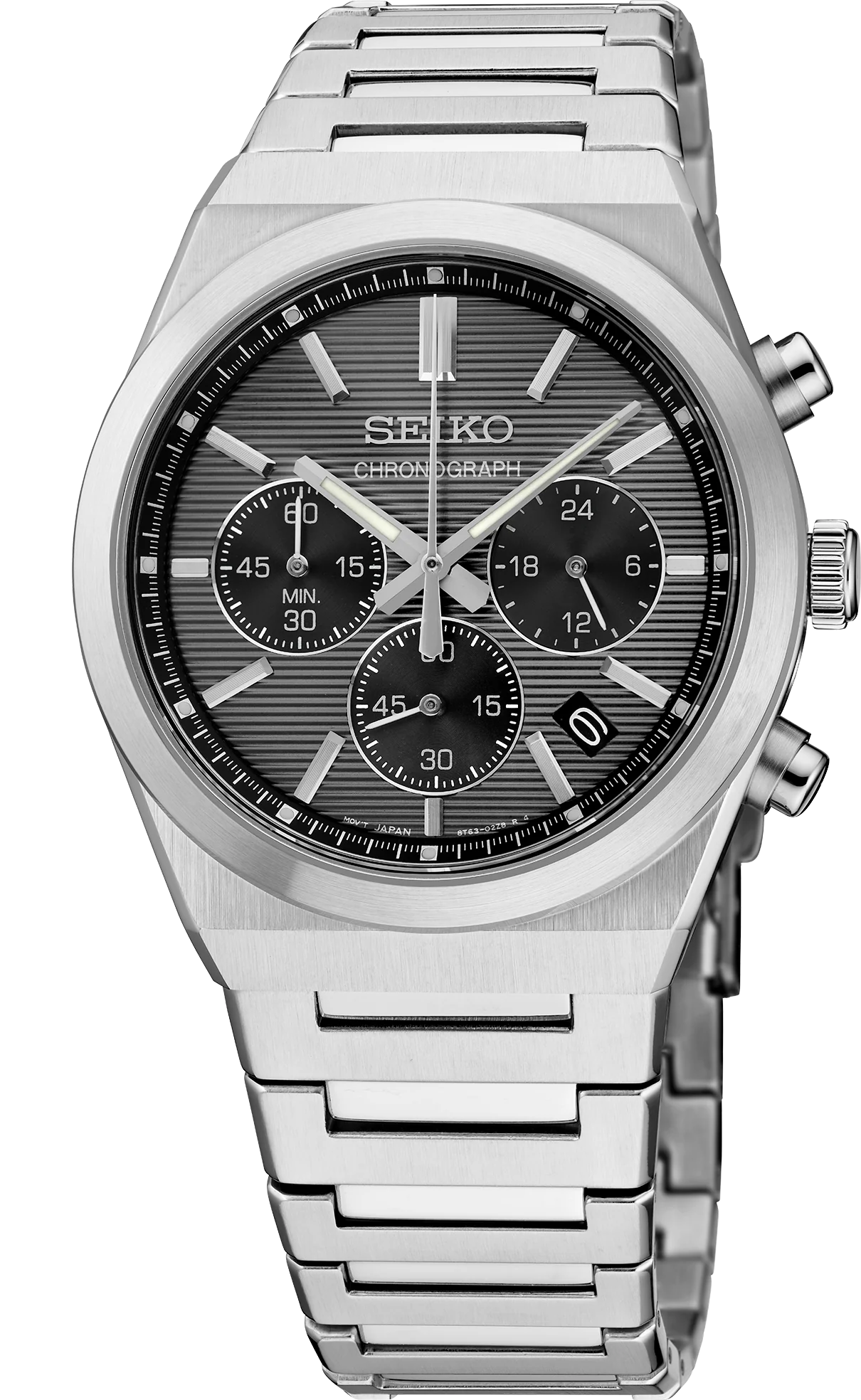 From the Essentials Collection. A modern take on a classic style, this contemporary watch features a sleek, angular case and bracelet design perfect for both dress occasions and everyday wear. The gray pressed pattern dial showcases three subdials, simple stick indices, a date calendar, and LumiBrite hands and markers. Crafted of stainless steel with a scratch-resistant sapphire crystal, this versatile timepiece is equipped with a chronograph function that measures up to 60 minutes of elapsed time in 1/5 second increments and includes a secure screwdown caseback and tri-fold push button release clasp. 10 bar, 100M Water Resistant