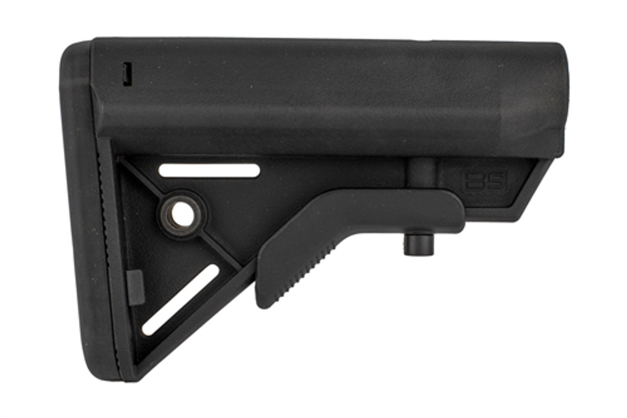 B5 Systems Bravo stock. This stock comes with steel anti rotational QD sling mounts along with integrated slots for mounting a sling. Ergonomic cheek piece similar to the Sopmod Enhanced design.  Made of milspec materials. Fits milspec carbine buffer tubes.