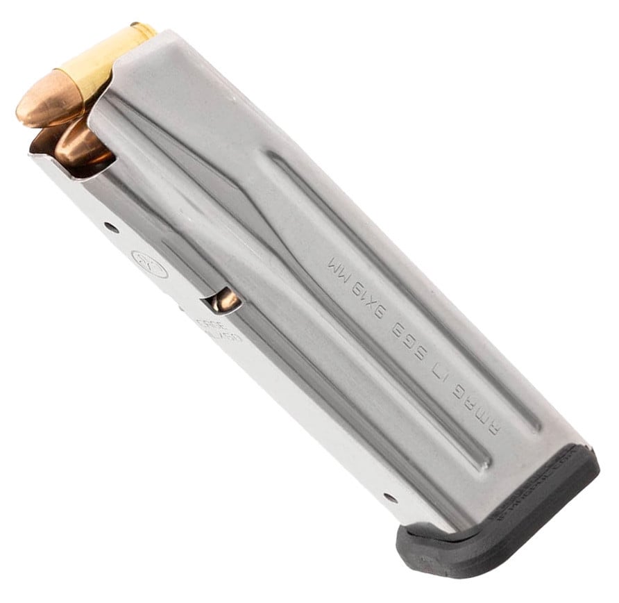 Magpul Industries, Magazine, AMAG 17 SG9, 9MM, 17 Rounds, For Sig P320, Stainless Steel Finish, Silver.When polymer won't work, Magpul's AMAGs will. The same reliability and consistency you expect out of their PMAGs, now available in alloy magazines. The AMAG 17 SG9 is a 17-round SIG P320 9mm handgun magazine featuring a heat-treated, stainless-steel alloy body with polymer sub-components. Magpul AMAGs come with many of their proven features, including a high-visibility, controlled-tilt follower, stainless-steel spring, flared floorplate that's easily removable for cleaning and routine maintenance, paint-pen dot matrix for magazine marking, and capacity-indicator windows which begin at five (5) rounds, and continue along the spine of the magazine in one-round increments.