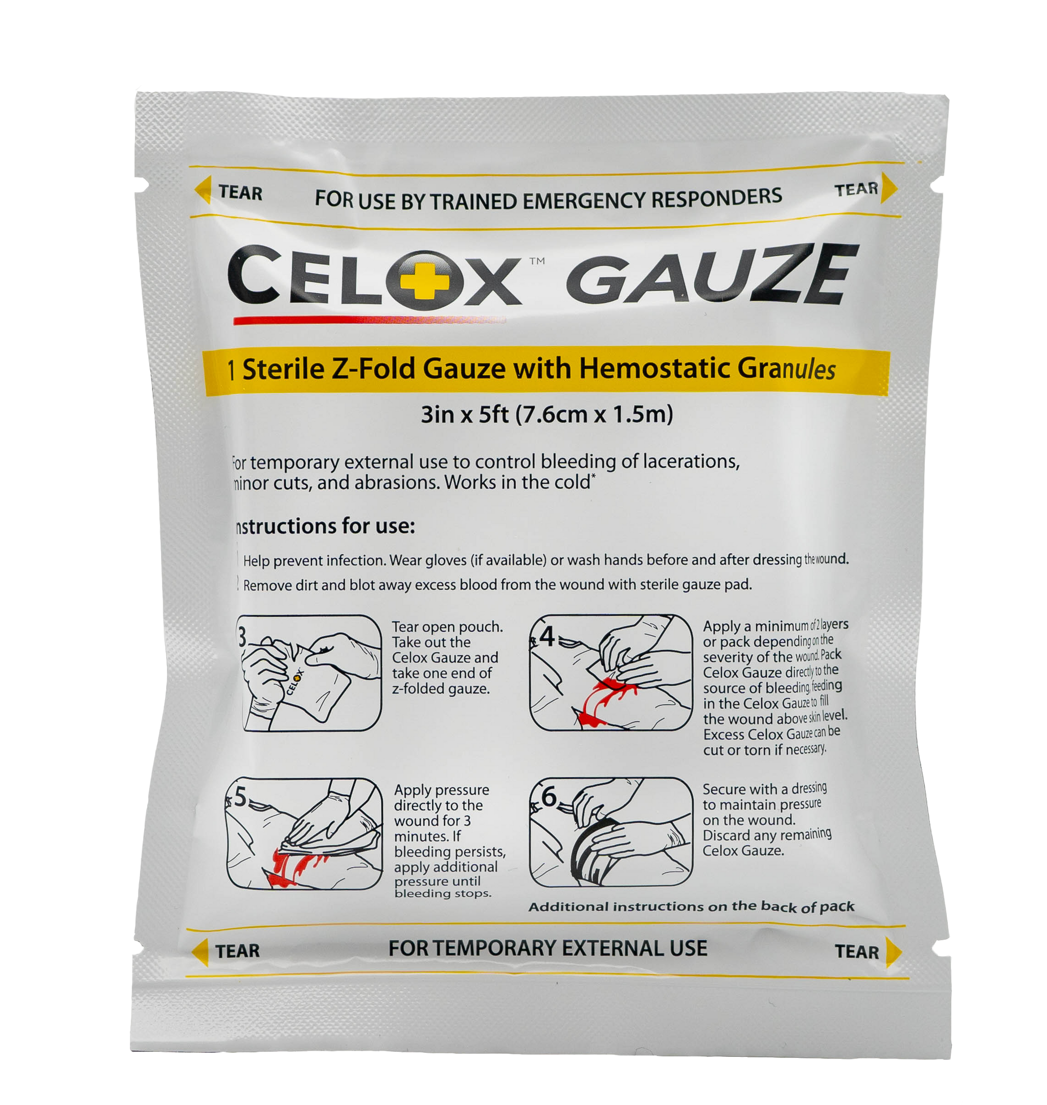 Bleeding control dressings feature a heavy gauze combined with a blood clotting agent that works on contact. They enhance the natural clotting process and stabilize moderate and severe wounds until medical care can be provided.