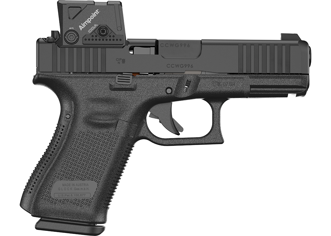 GLOCK, 19 M.O.S., Gen 5, Striker Fired, Polymer Frame Pistol, Compact, 9MM, 4.02" Marksman Barrel, nDLC Finish, Black, MOS8 Optic Cut, Aimpoint COA Optic Mounted, Black Front Sight, Rear Wedge Sight, Front Serrations, Ambidextrous Slide Stop Lever, Flared Mag Well, No Finger Grooves, 15 Rounds, 3 Magazines
