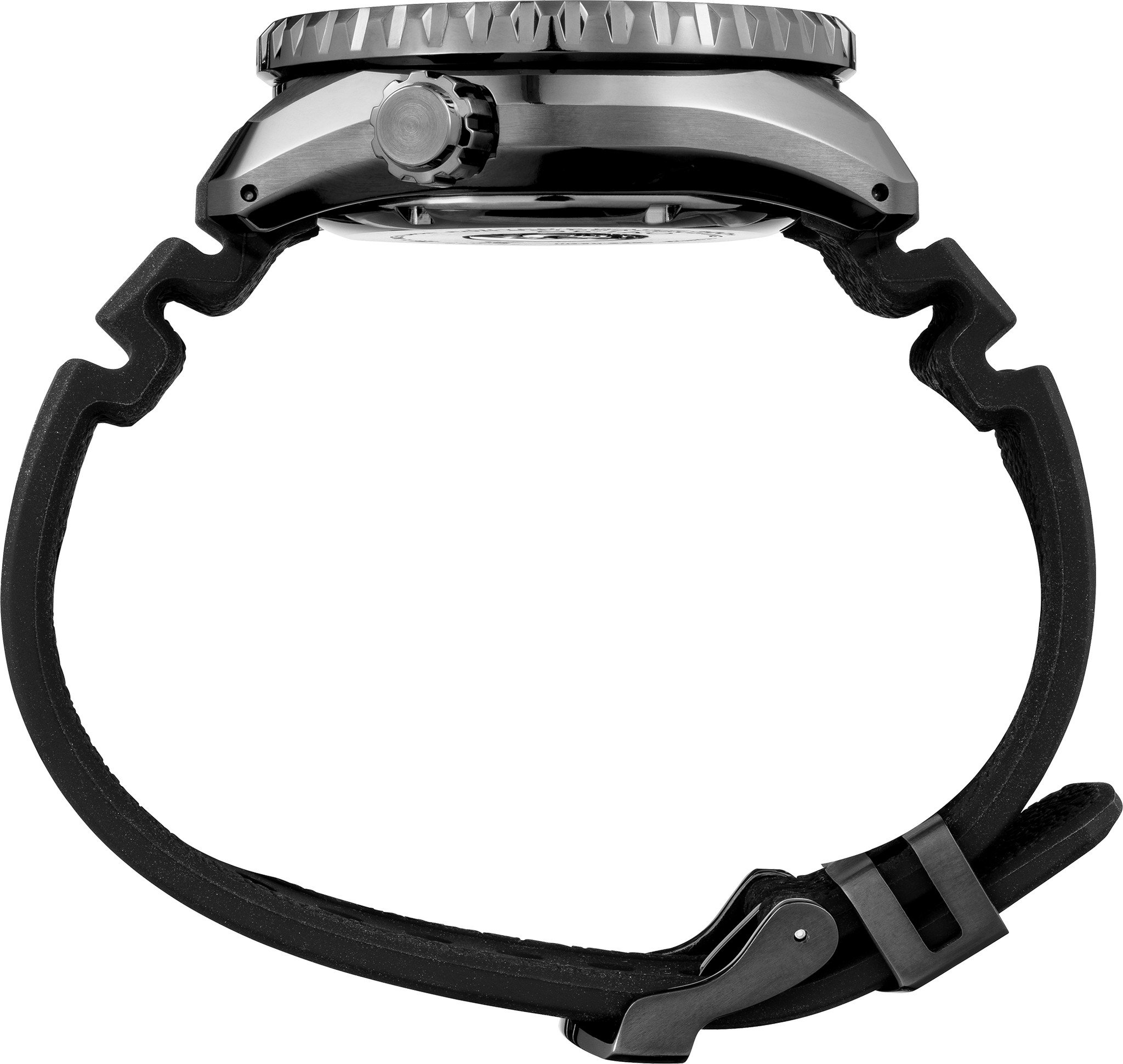 Prospex LX Collection. Designed for those who treat life as the ultimate adventure, the Seiko Prospex line follows every challenge with technological excellence and style. Powered by a Seiko Spring Drive movement, this precision timepiece combines a 30-jewel automatic movement with a quartz regulator for accuracy to +/- 1 second per day, +/- 15 seconds per month. With a power reserve of approximately 72 hours, the movement can be wound manually or automatically. Meeting ISO standards for scuba diving to depths of up to 300 meters, this powerful saturation diver is crafted of light and durable titanium with a black super-hard coating for nearly doubled hardness and features a screwdown caseback and crown, as well as a black silicone strap. The rich black dial, framed by a one-way rotating elapsed timing bezel, includes a power reserve indicator, date calendar, and LumiBrite hands and markers, and is topped by a sapphire crystal with anti-reflective coating on the inner surface. 300m Water Resistant.