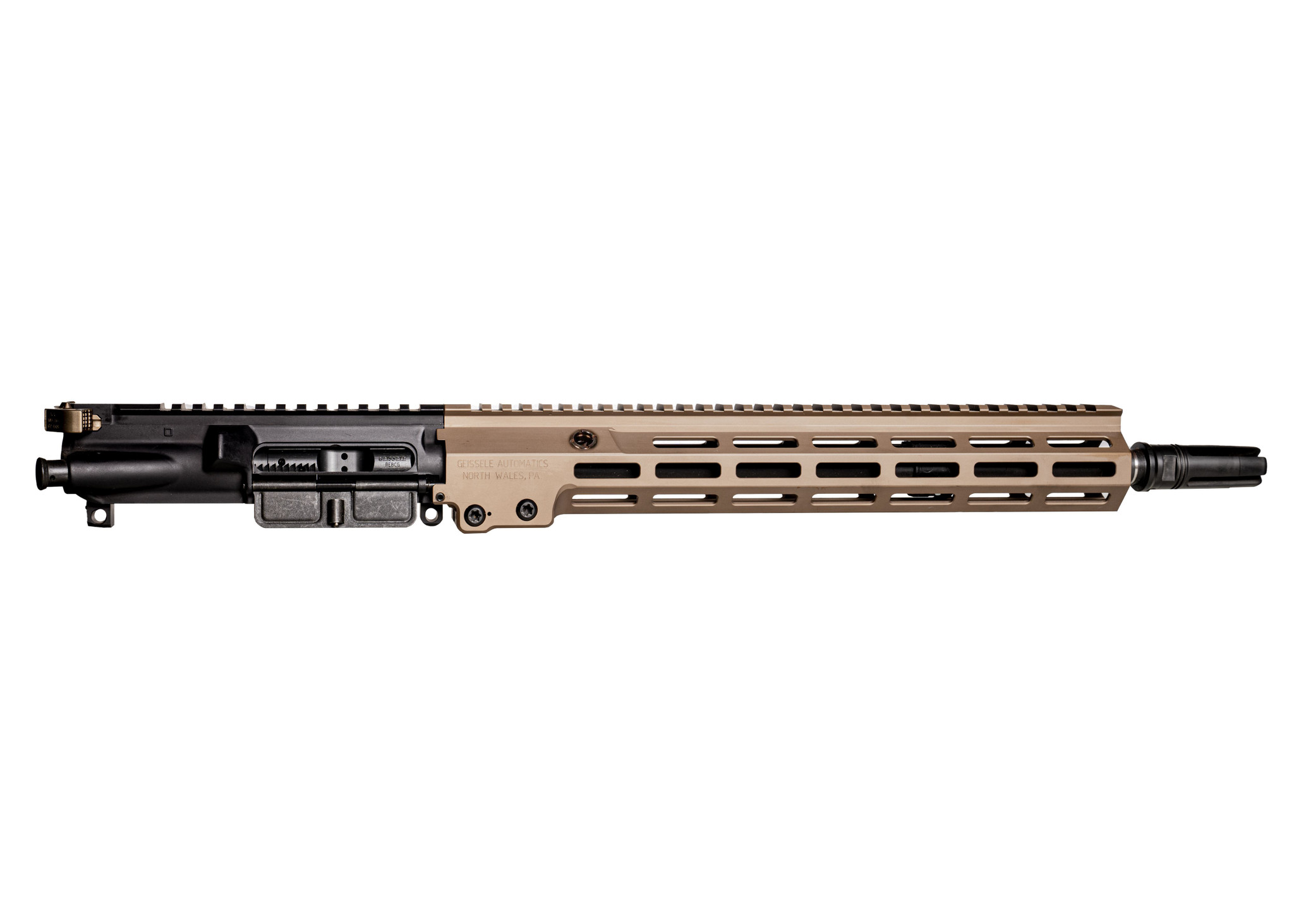 Geissele Automatics, URG-I, Near Clone, Complete Upper Receiver, 556NATO, 14.5" (16" OAL) Barrel, 1:7 Twist, Pinned and Welded Surefire 4 Prong Flash Hider, Desert Dirt Color 13.5" SMR MK16 M-LOK Free Float Handguard, Desert Dirt Color Geissele Airborne Charging Handle, Geissele Reliability Enhanced Bolt Carrier Group, Fits AR-15, Anodized Finish, Black, Includes Super 42 Braided Wire Buffer Spring and H1 Buffer Combo